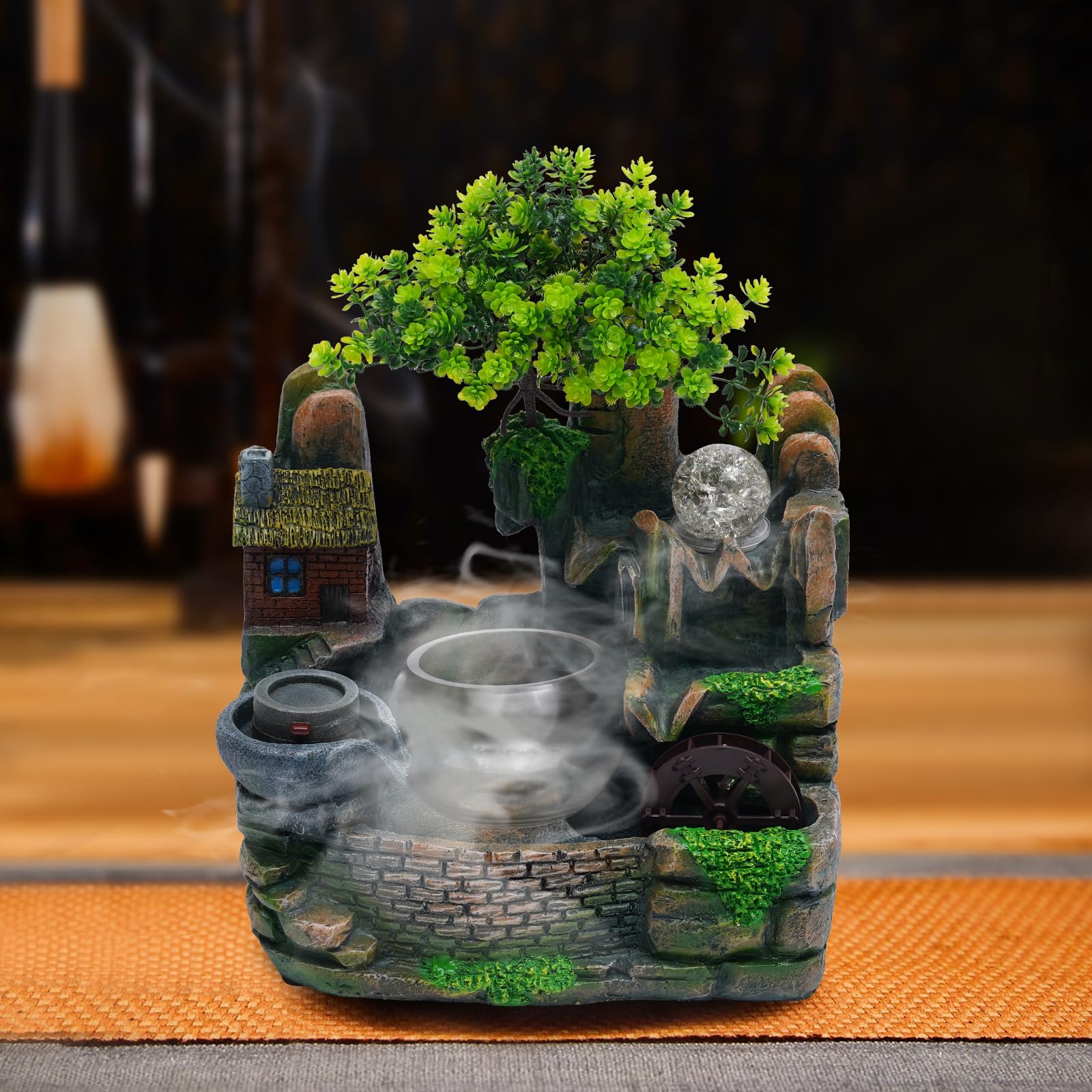 Fuente de habitación con iluminación y árbol decorativo, fuente de mesa LED para relajación Zen, decoración de salón, oficina, fuente silenciosa con humidificador, Feng Shui, fuente de agua