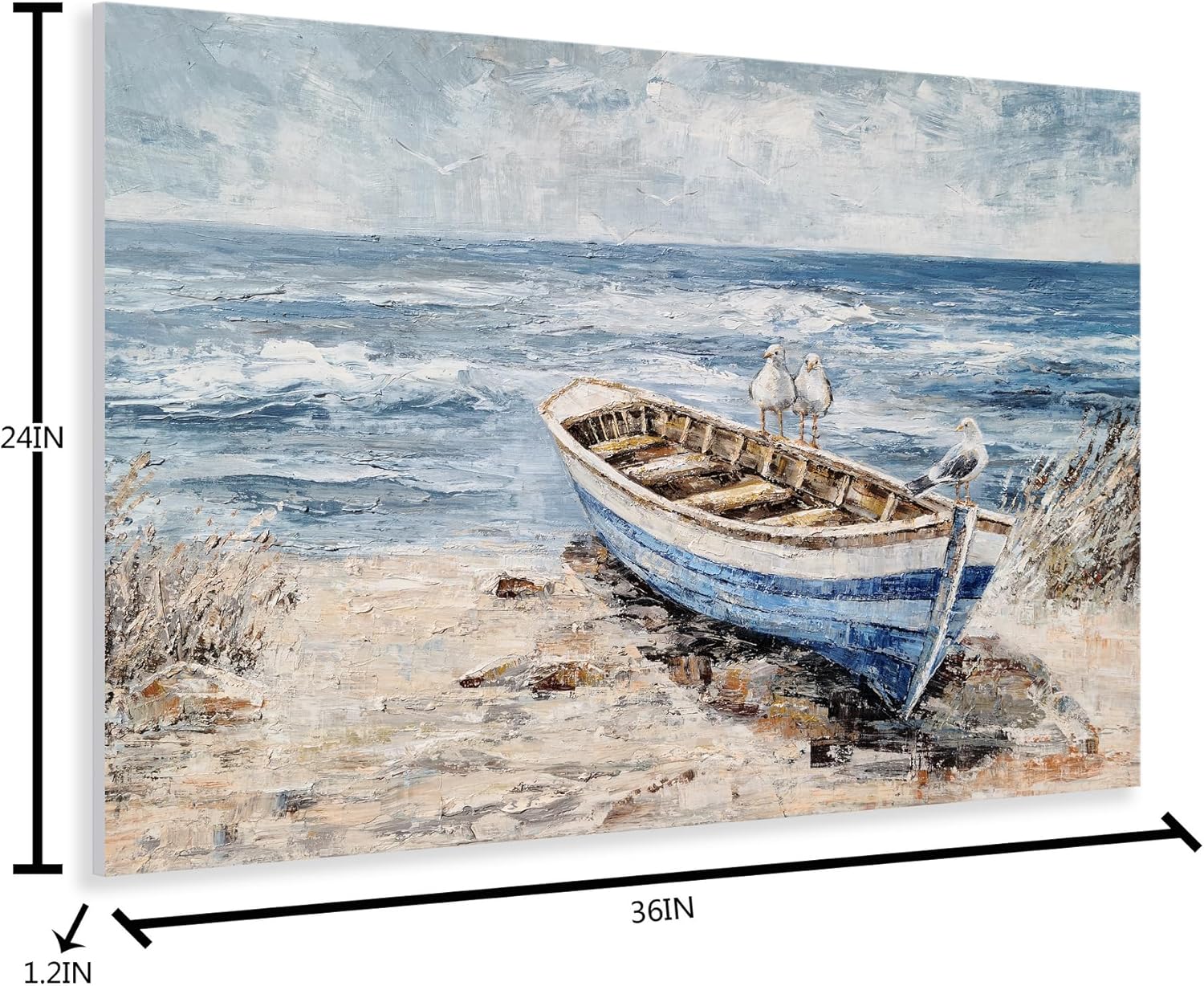 Yihui Arts Coastal Canvas Wall Art - Hand Painted Beach Painting for Living Room, Bedroom, and Bathroom Decor - Seagulls on Boat Pictures - Seascape Coastal Artwork