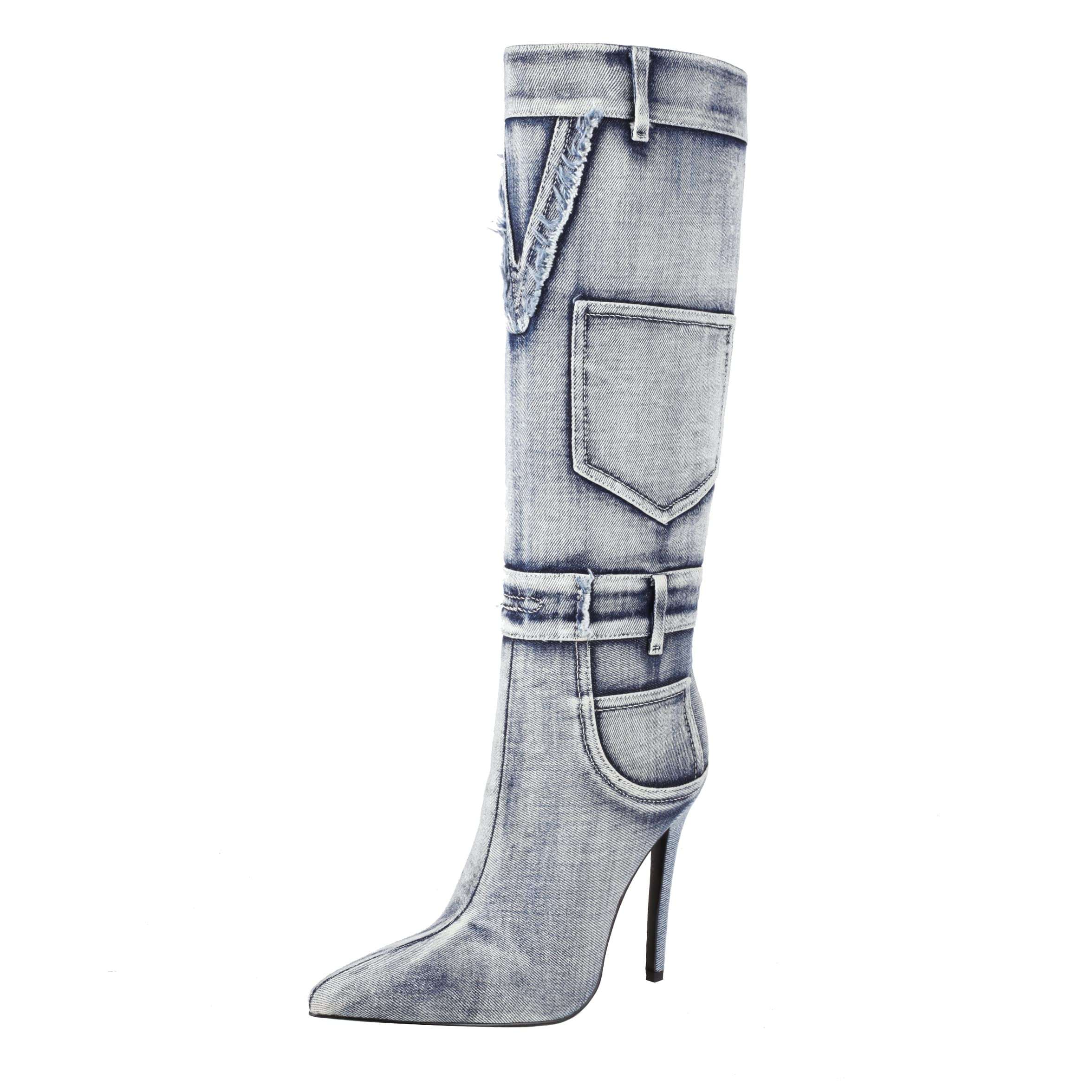 vivianly Cowboy Boots for Women Pointed Toe Cowgirl Knee High Stiletto Heel Denim Fabric Long Boot