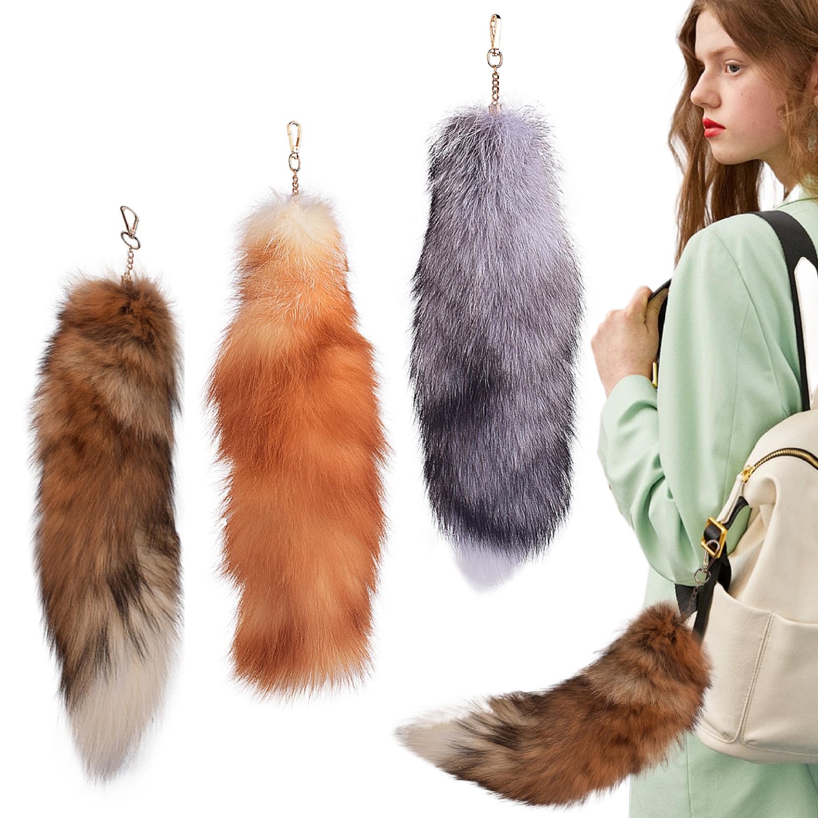 Wedhapy Therian Tail, 3PCS 15.8 Inch Long Therian Fox Tail with Clasp, Soft Fluffy Fox Keychain, Hanging Tails for Handbag Backpack Tails