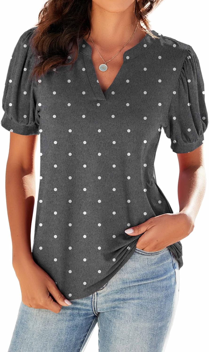 Neineiwu Women Dressy Casual V-Neck T-Shirts Loose Puff Short-Sleeve Tops Tunic Blouse