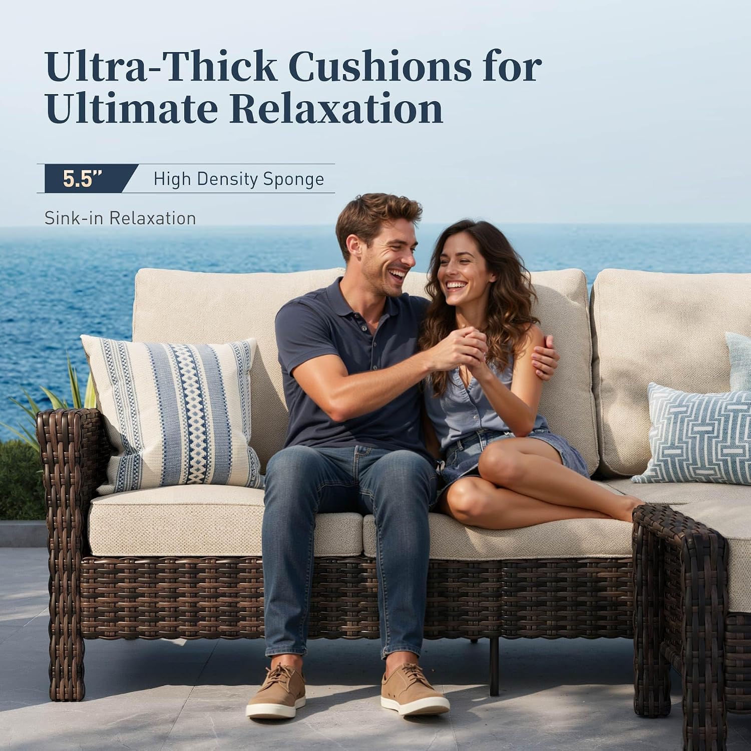 SUNSHINE VALLEY 5 Pieces Patio Furniture Set with Swivel Chairs, High Back Wicker Rattan Sofa with Extra Thick Cushion and Ottoman, Outdoor Conversation Set for Garden Backyard Deck,Beige thumbnail
