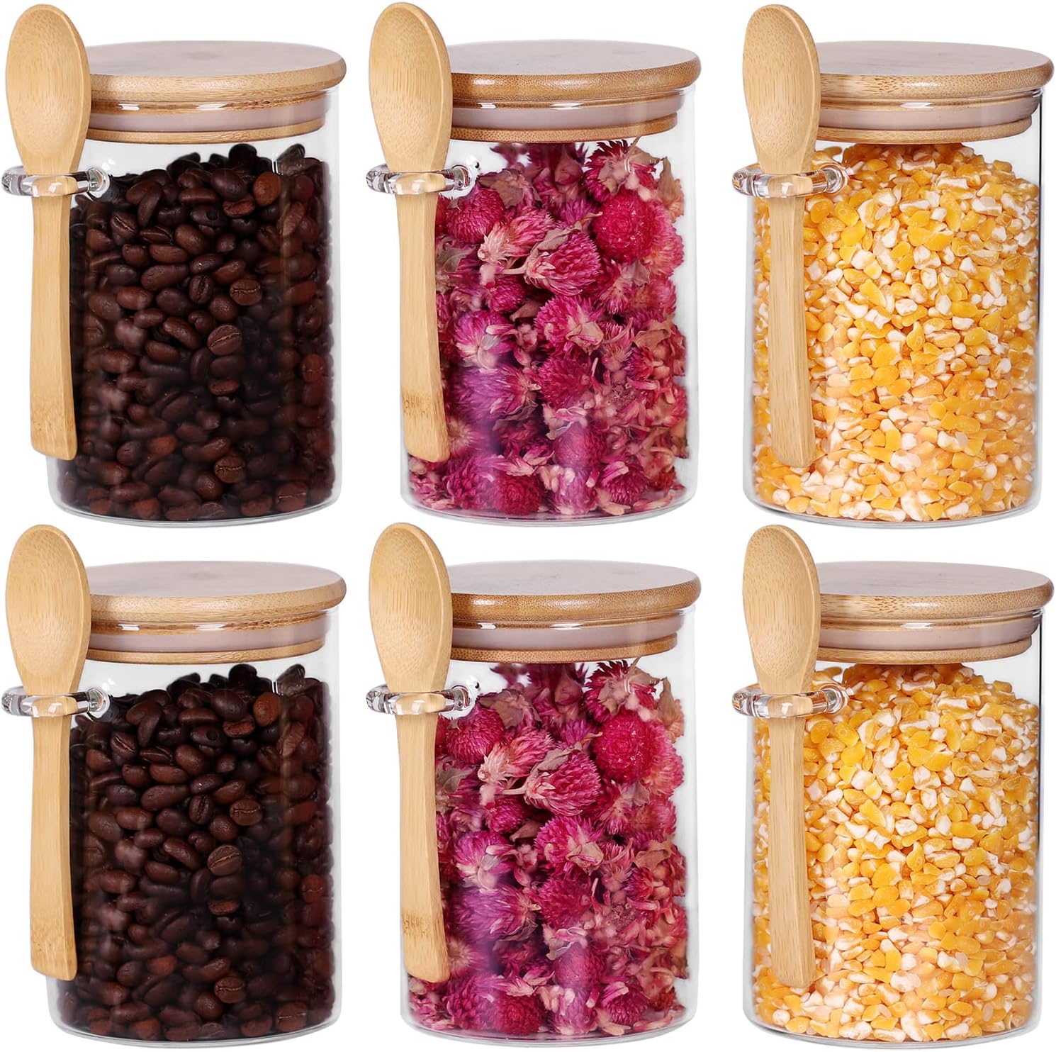 Glass Jars with Bamboo Lids and Spoon Set of 6, 17 OZ