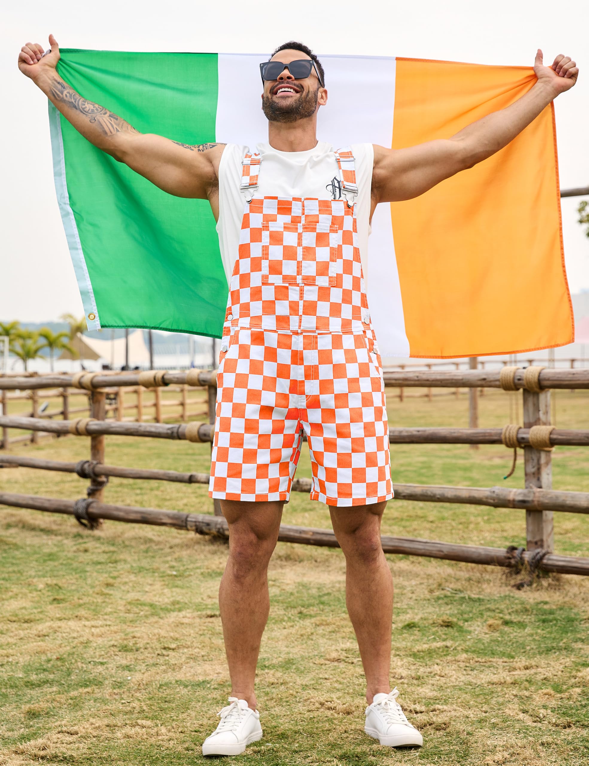 Odefou Karierte Latzhose für Herren, Overall, Shorts, Arbeitsoverall