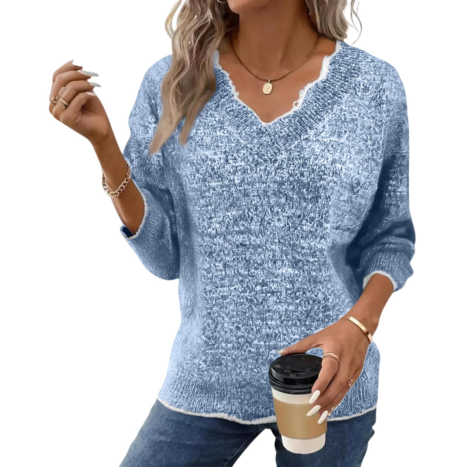 Sweater Women Fall V Neck Lightweight Sweaters Long Sleeve Ribbed Knit Tops Casual Pullover Loungewear Clothes Fashion