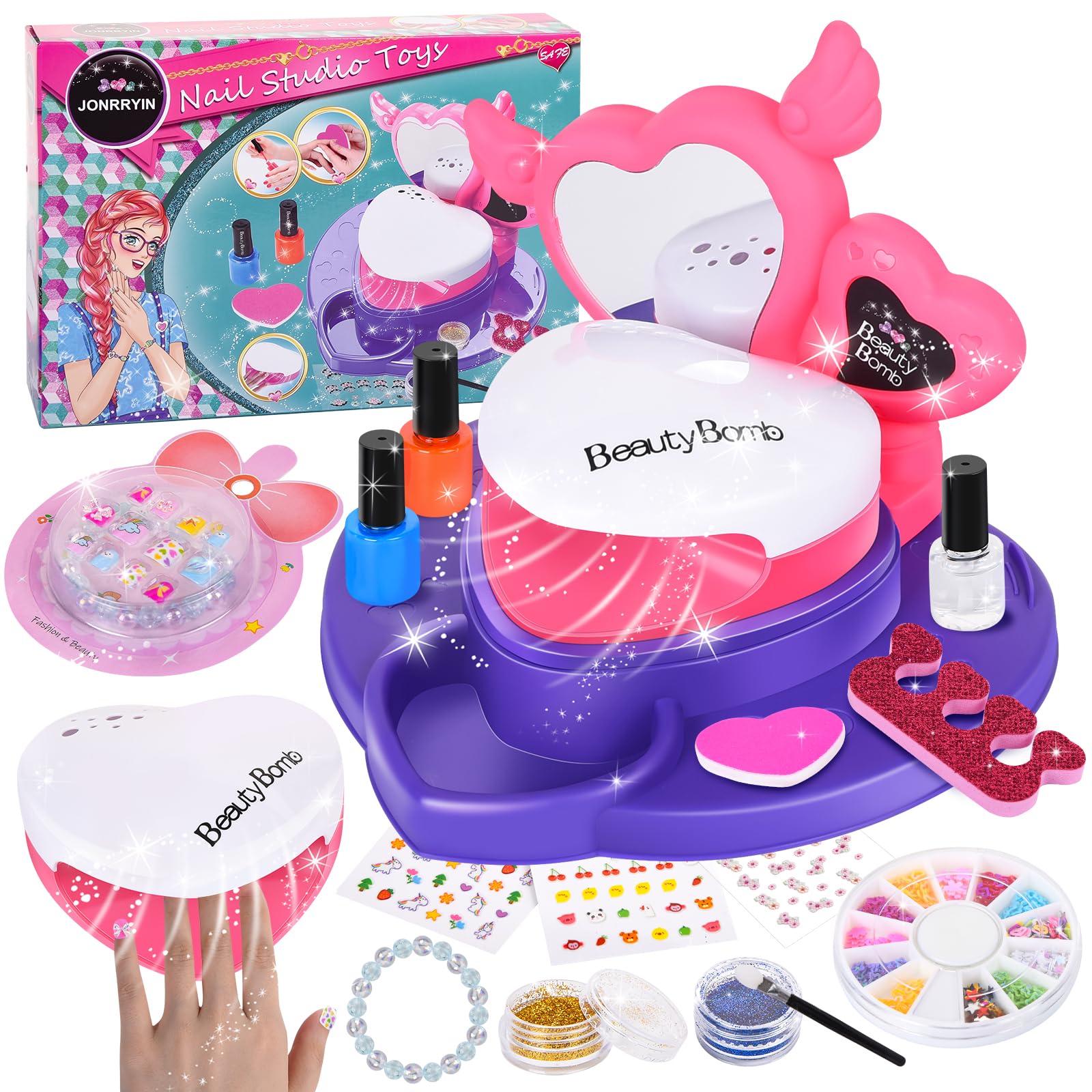 Herenear Pintauñas Niñas Regalo Niña, 39 Pcs Salón Manicura Uñas Niñas, Lavable Kit Uñas, Kit Manicura Niños, Juego Uñas Niñas con Secador de Uñas, Nail Art Maquillaje Regalo Niña 6-12 Años