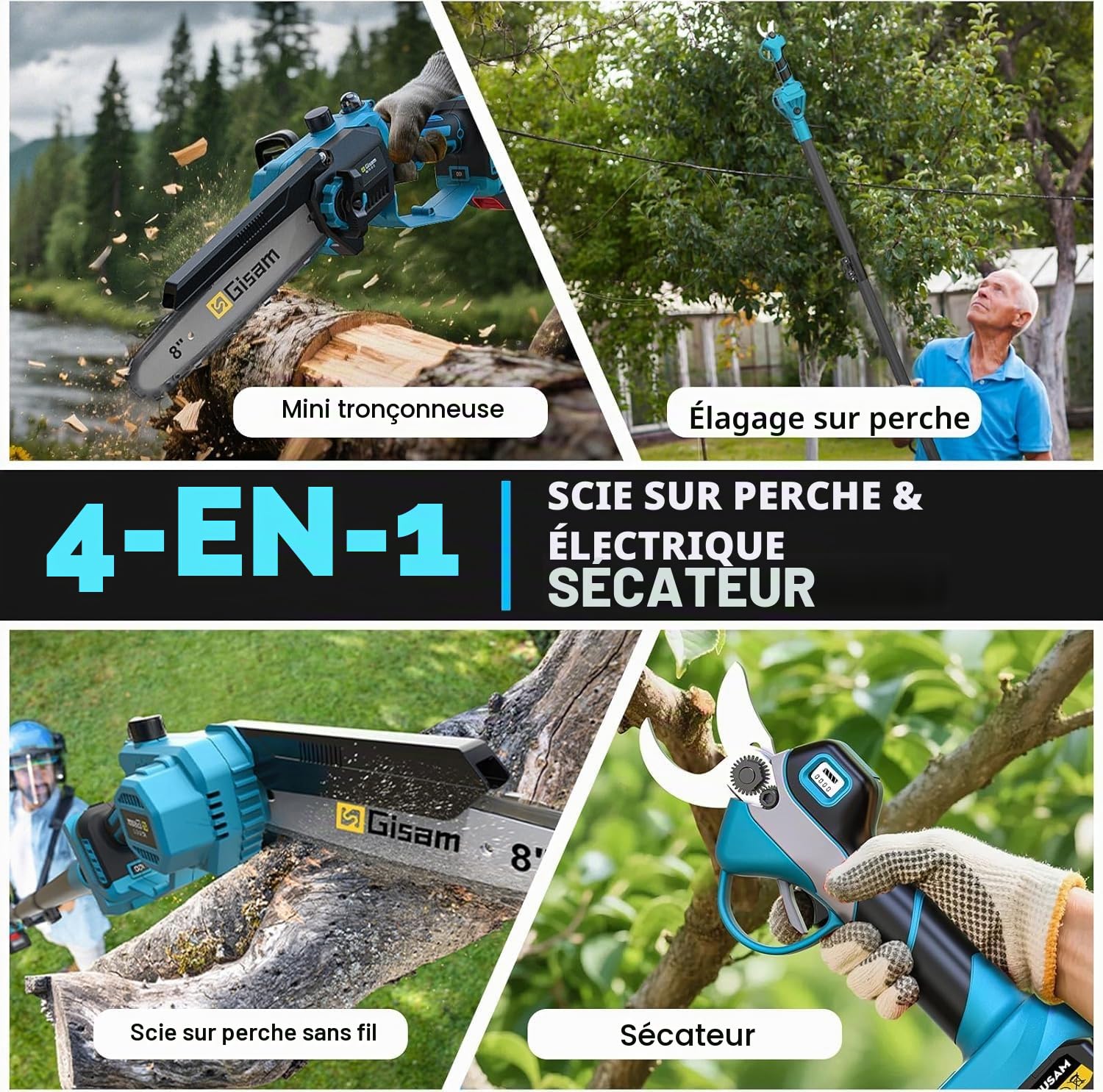 Mini TronçOnneuse Et SéCateur éLectrique 4 En 1 Avec Batterie 2 X 4,0 Ah, Barre D'Extension Jusqu'à 4,2 M, Moteur Sans Balais, Scie D'éLagage éLectrique Pour Branches D'Arbre