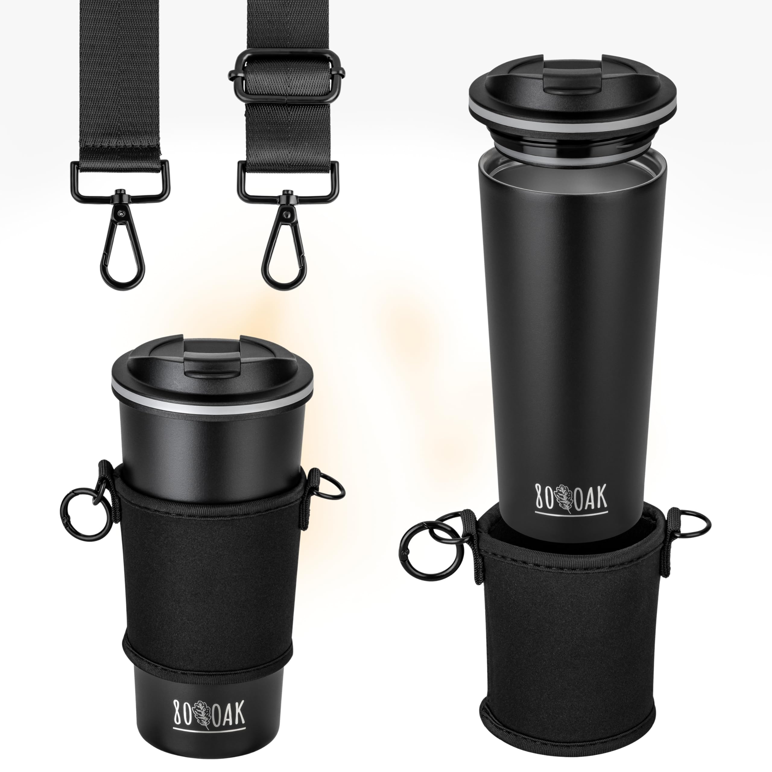 Juego de tazas de café y portavasos, soporte para vasos y taza térmica para colgar, soporte para bebidas de neopreno con correa ajustable para el hombro (negro, negro)