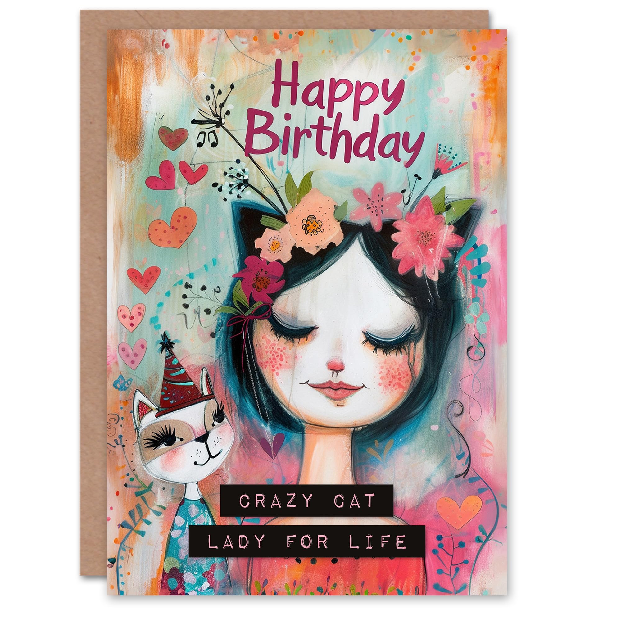 Artery8 Birthday Card Crazy Cat Lady For Life Cute Cat Lover Portrait For Her Gran Sister Niece Daughter Wife Woman Greeting Card