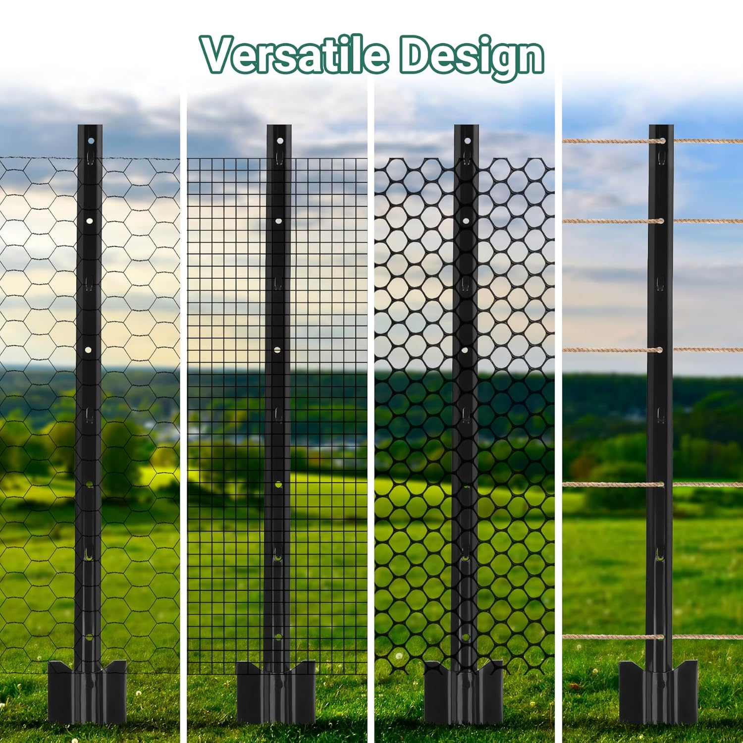 Metal Fence Posts, 3 FT Black Heavy Duty U Posts, No Dig T Posts for Fences Wire Mesh, Perfect for Temporary Fencing, Electric Fence Wire, Corner Anchor - 10 Packs