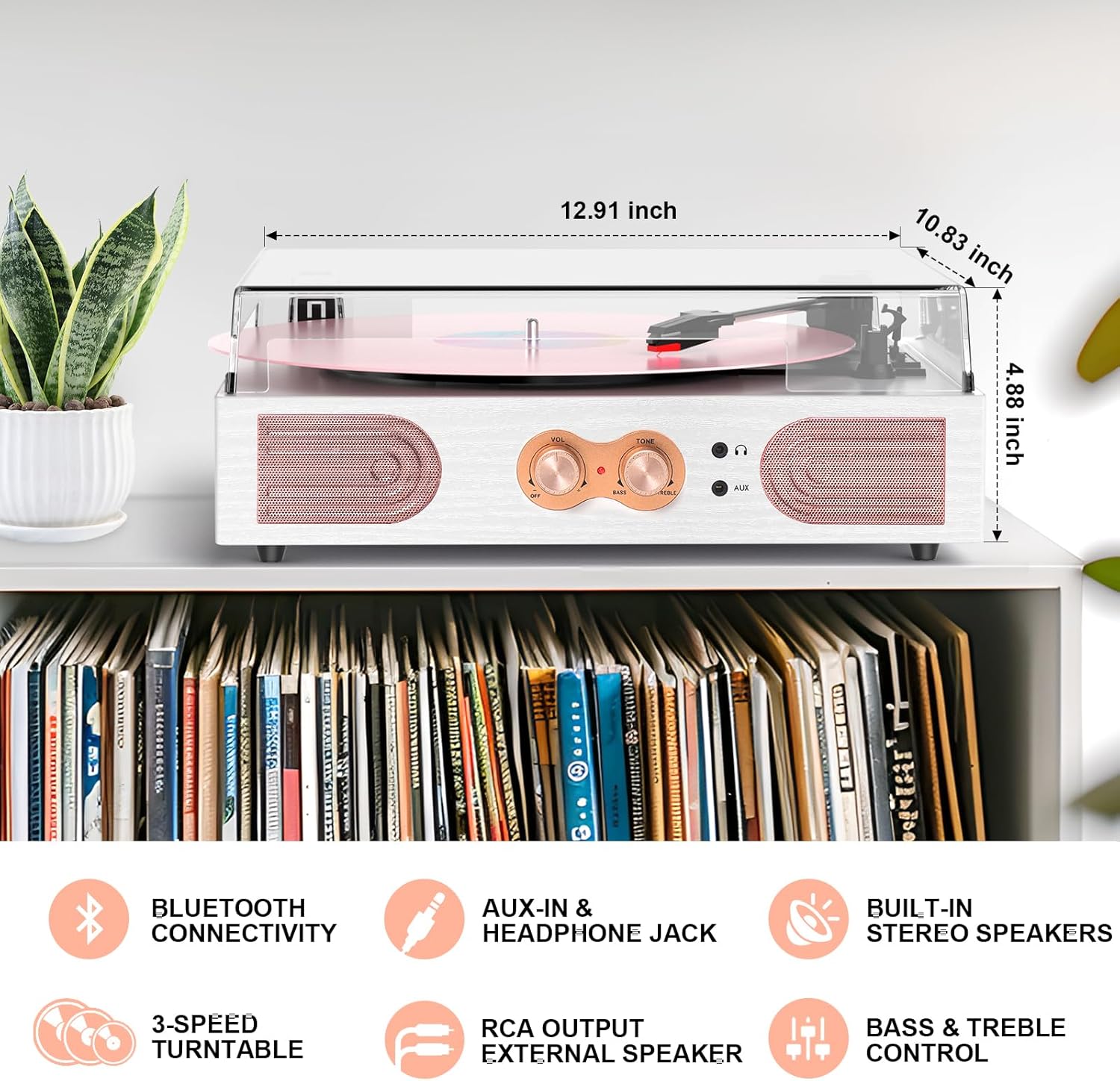 Color White  rose Gold Vinyl Record Player with Built-in Speakers 3-Speed Vintage Record Player Support Treble& Bass Control, 3.5mm Headphone Jack, RCA-Out/Aux in, Belt-Driven LP Turntable,White Rose Gold