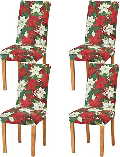 B0400048 - Juego de 4 fundas para sillas de comedor con flores de Pascua de Navidad, extraíbles y lavables, para comedor, hotel, ceremonia,