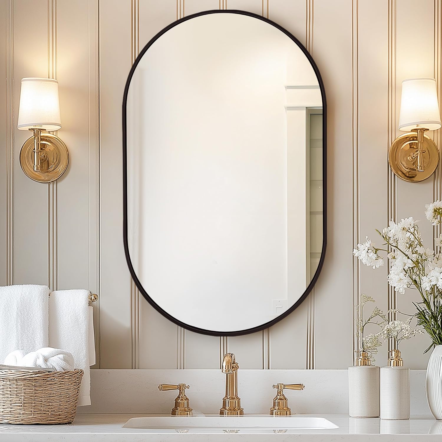SDHYL Oval Medicion Mirror Cabinets, 34"x20" Recessed Wall Mounted Mirror Cabinets, Modern Elegant Decoration Mirror with Adjustable Storage for Bathroom Living Room Vanity, Black Black 34x20 inch