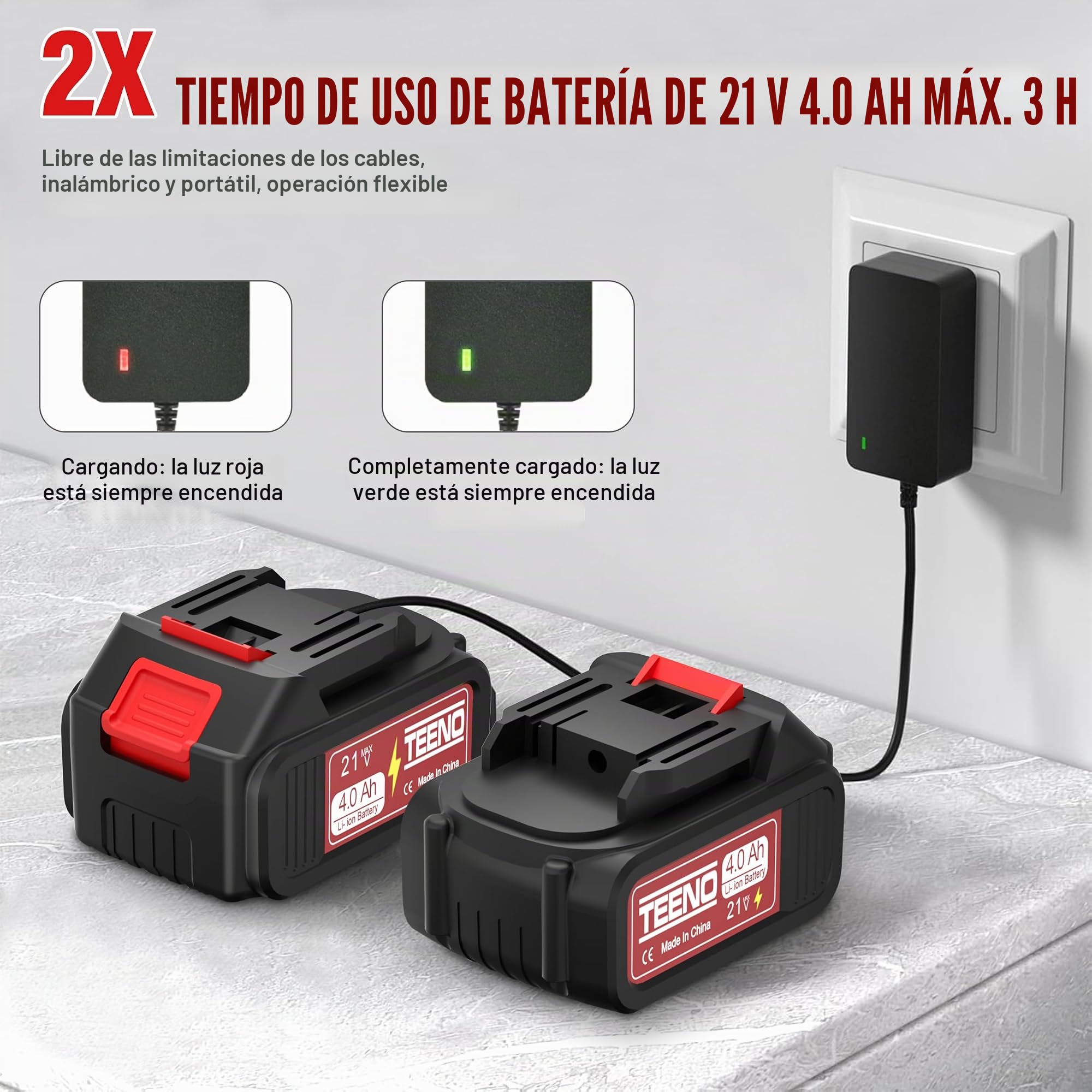 Soplador de Hojas TEENO Eléctrico, 6 Velocidades (210 km/h), 4Ah *2, Tubo Desmontable y Boquilla Ajustable, para Jardín, Hogar y Uso Profesional, Compatible con baterías Makita
