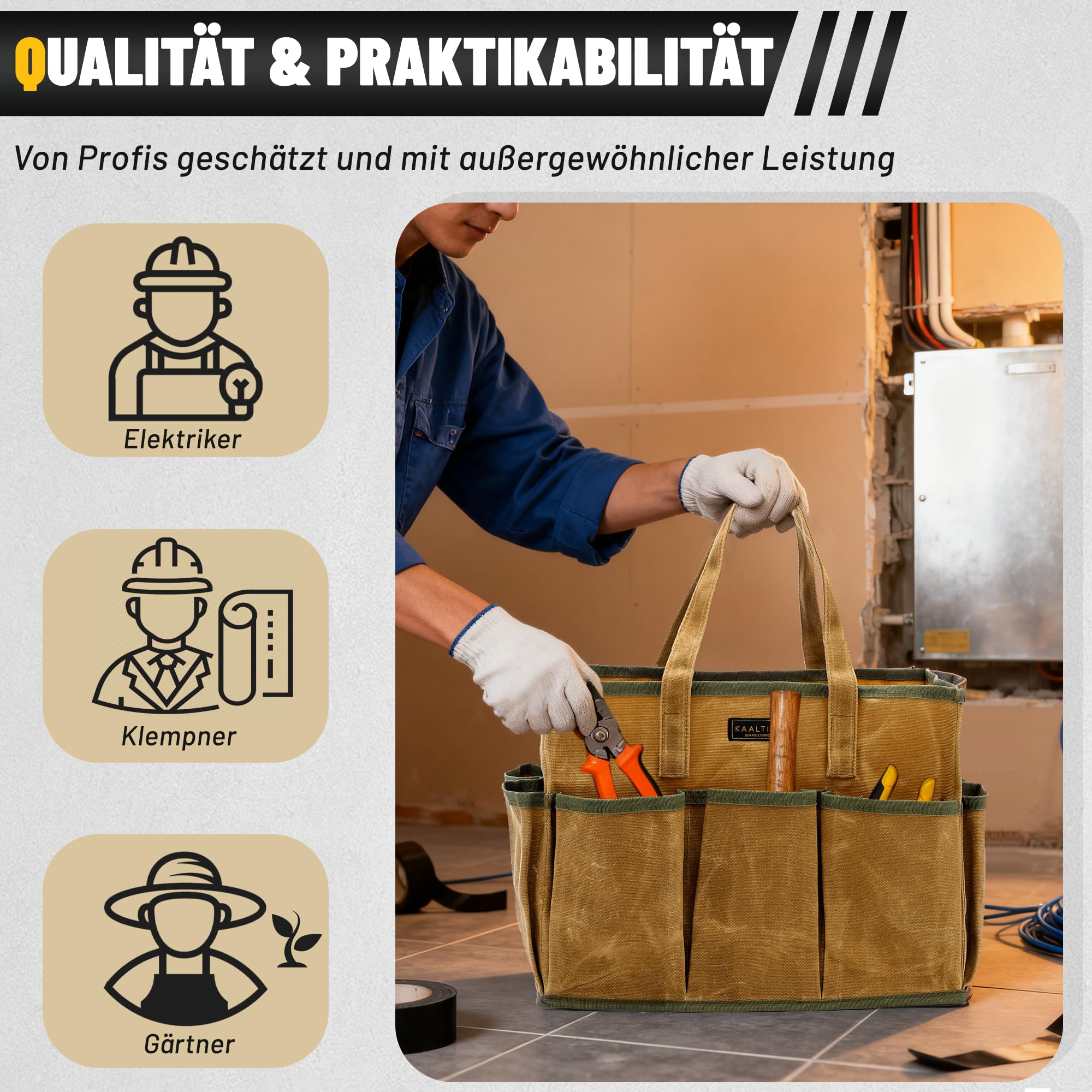 Bolsa de herramientas de lona encerada de 16 onzas, 1 bolsa de almacenamiento de herramientas de gran capacidad + 10 ranuras externas, multiusos, reutilizable, para jardinería, juego de carpintería,