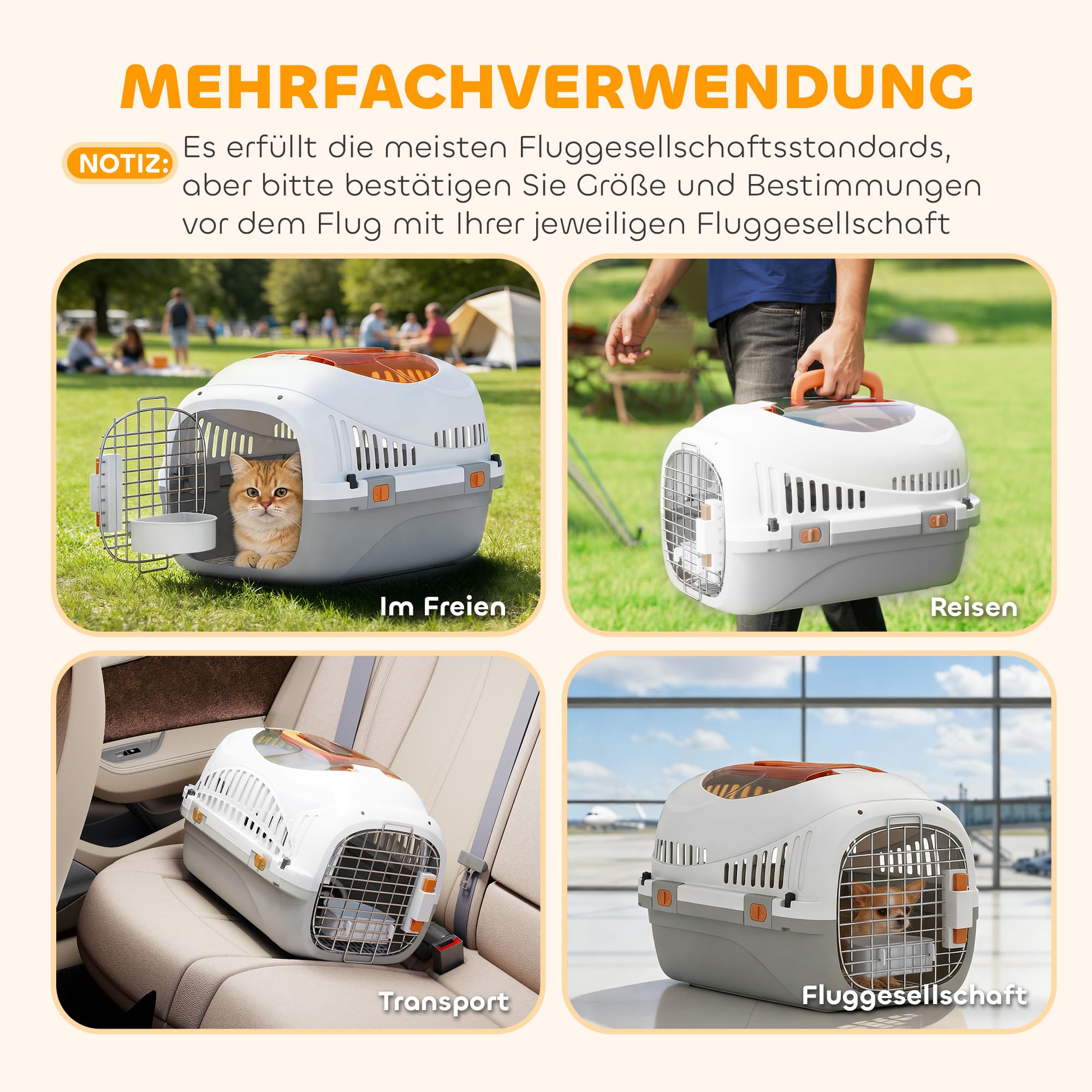 PawHut Transportbox Hundetransportbox für Katze Miniaturhunde bis 4kg 49x32x31cm Hundebox mit Dachöffnung Futternapf Sicherheitsverschluss Katzenbox aus Kunststoff mit Stahlgitter Hellgrau