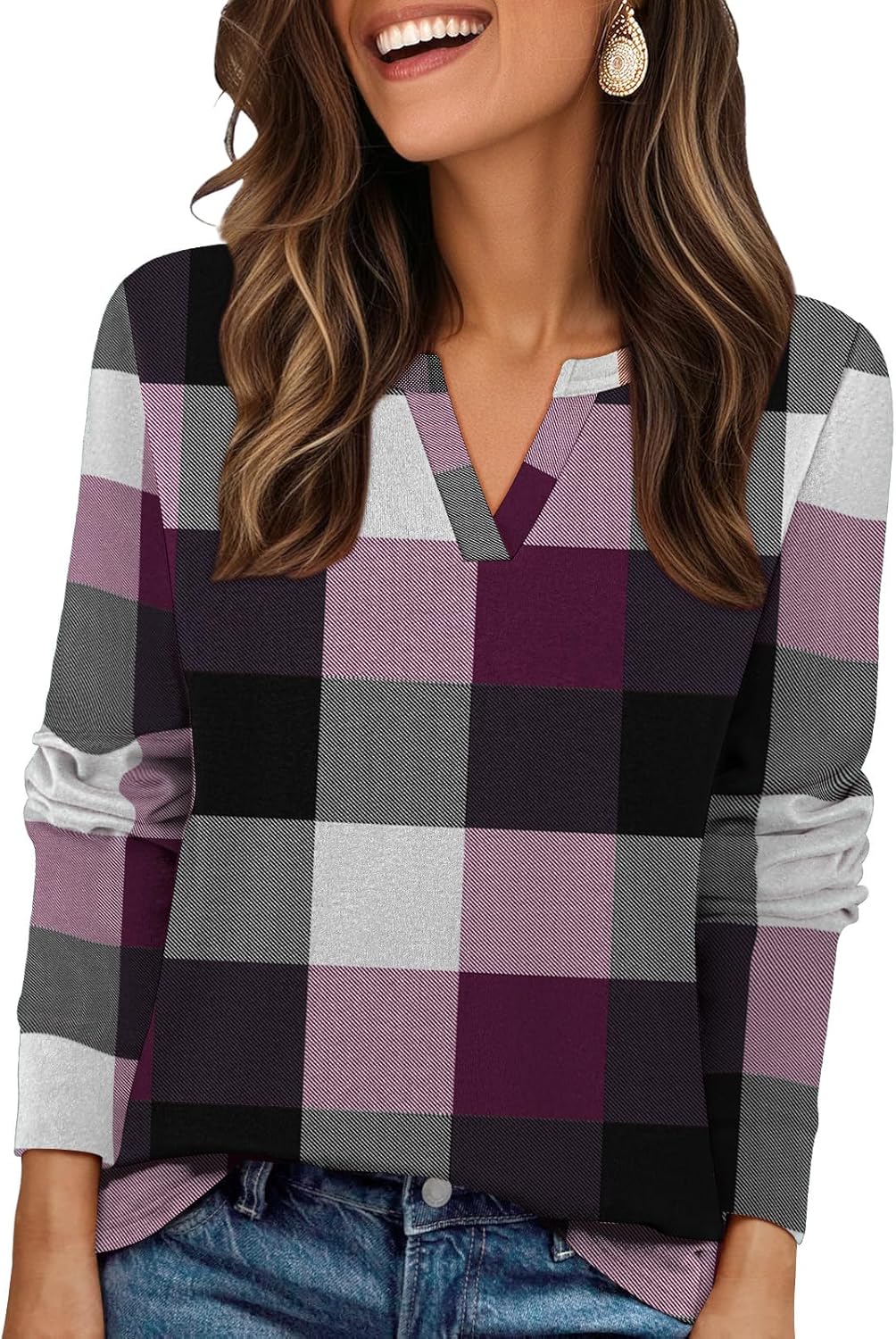 Gloria&Sarah Womens Casual Plaid Long Sleeve Shirts V Neck Fleece Tops Fall Winter Outfits