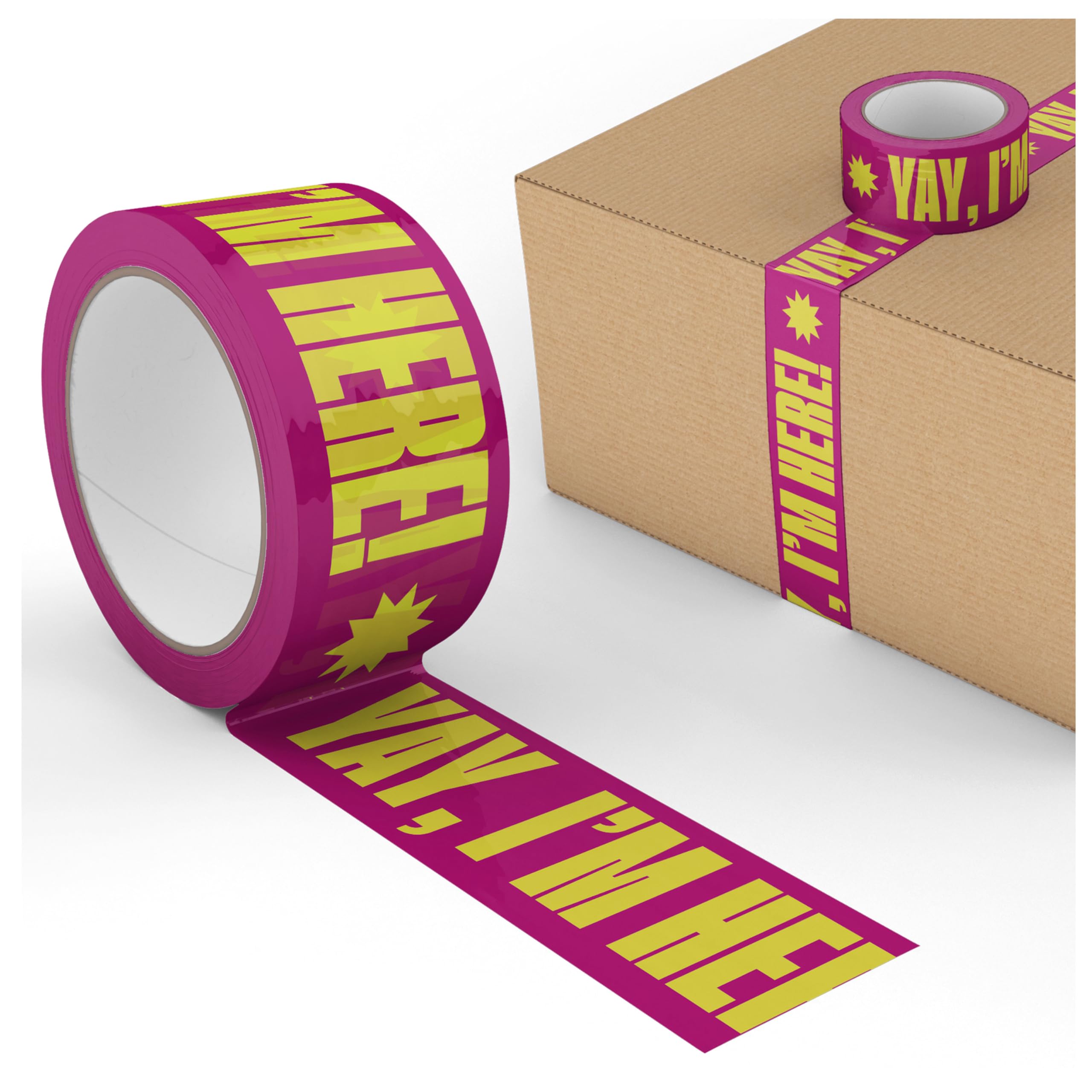 Cool Decorative Packing Tape for Small Business, Cute Designer Printed Packaging and Shipping Tape, Yay I'm Here!, Neon Pink Yellow, 1.88" x 110 Yards (330 feet)