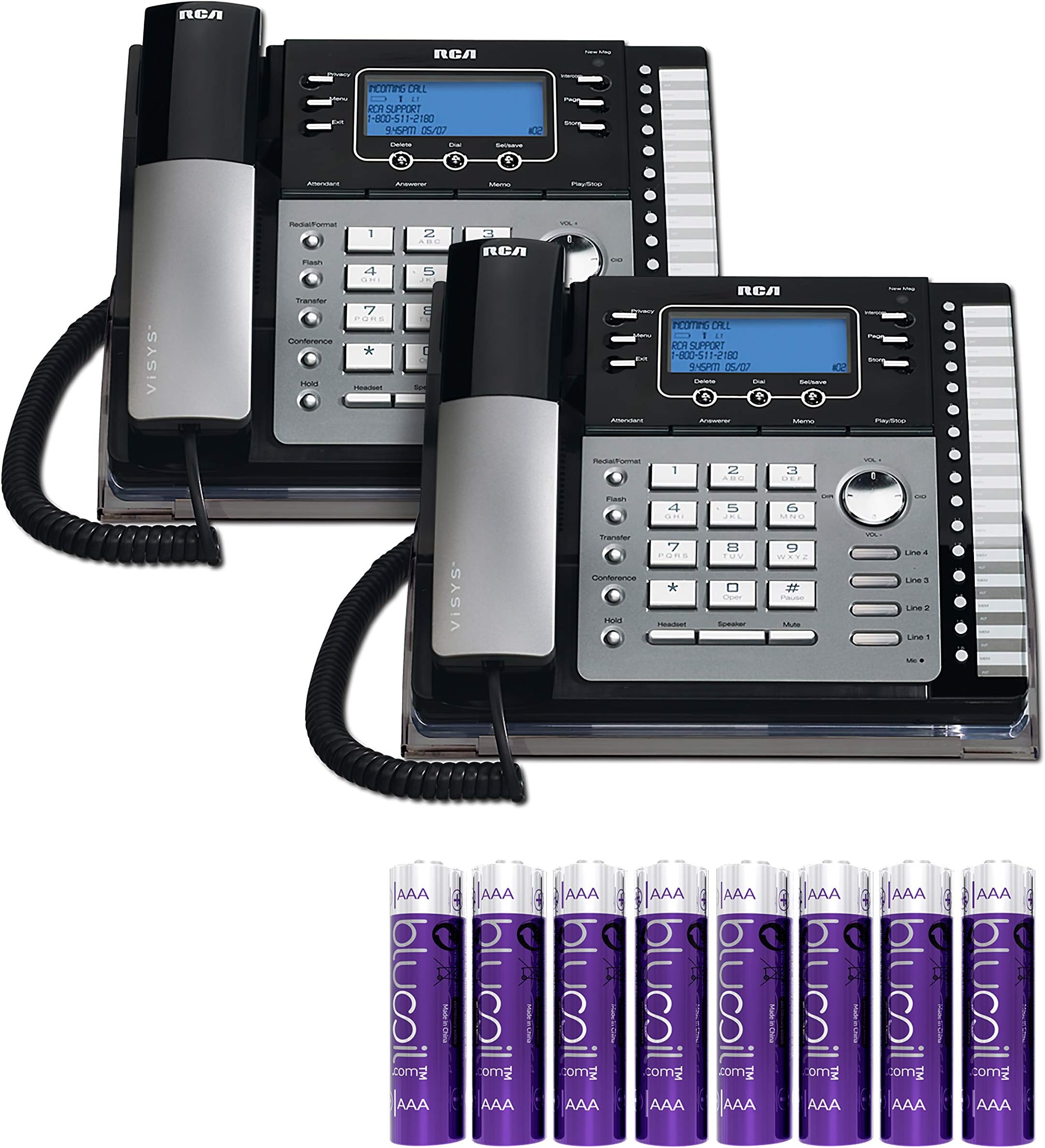 RCA 25424RE1 4-Line Expandable Phone System with Intercom (2-Pack) Bundle with Blucoil 8 AAA Batteries