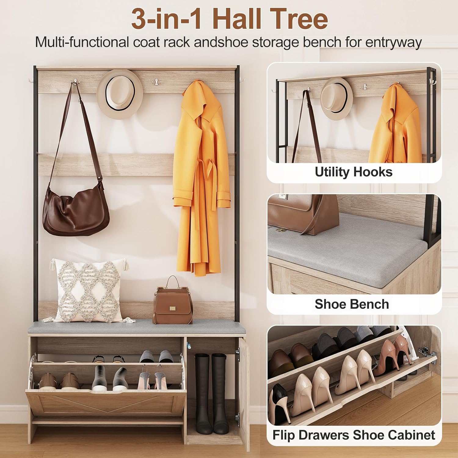 3-in-1 Hall Tree with Bench and Shoe Storage, Coat Rack with 6 Coat Hooks, Shoe Cabinet with Flip Drawers & Shoe Cubby, Storage Organizer for Entryway, Hallway(Brown Gray)