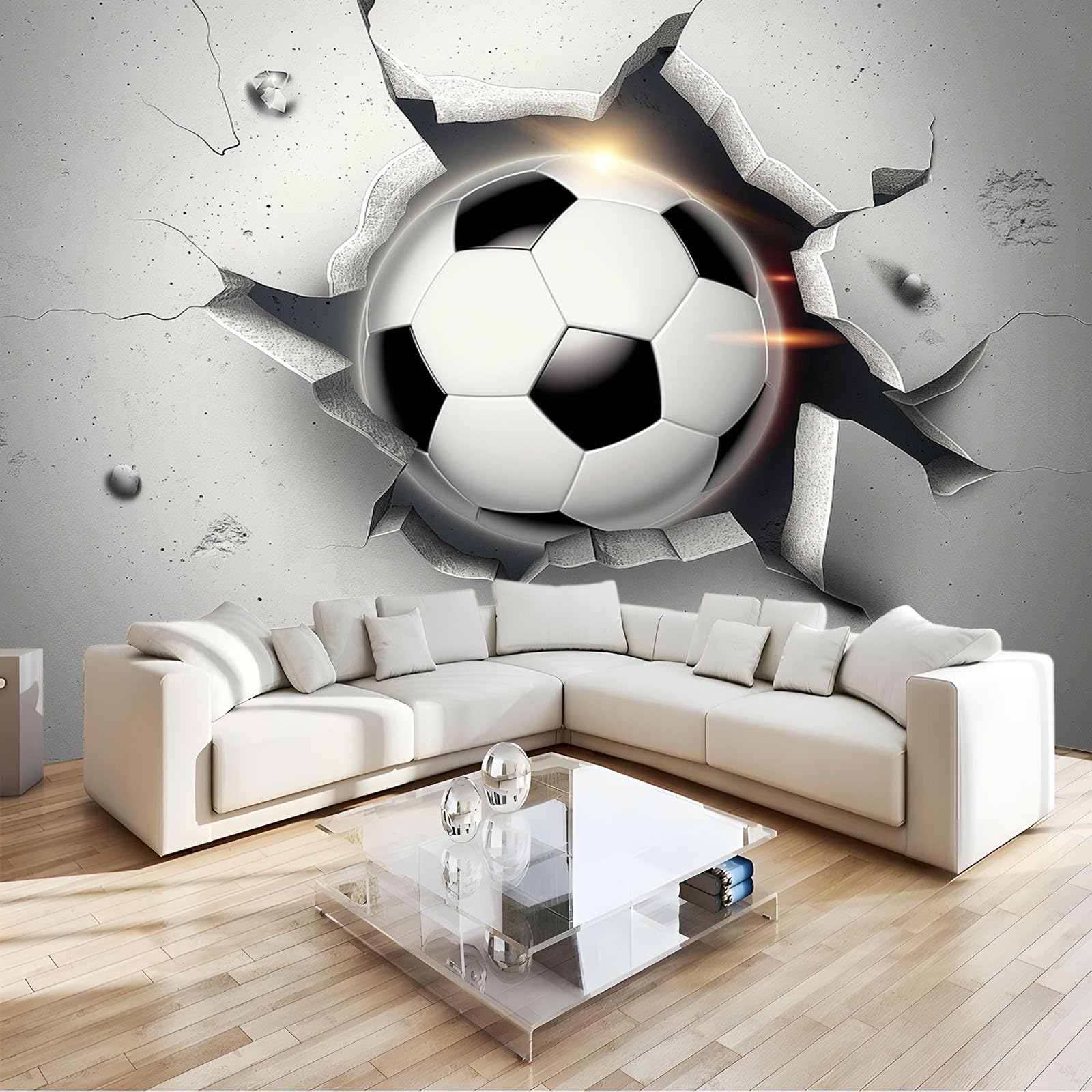 Papier peint intissé ballon de football 3D panoramique gris chambre