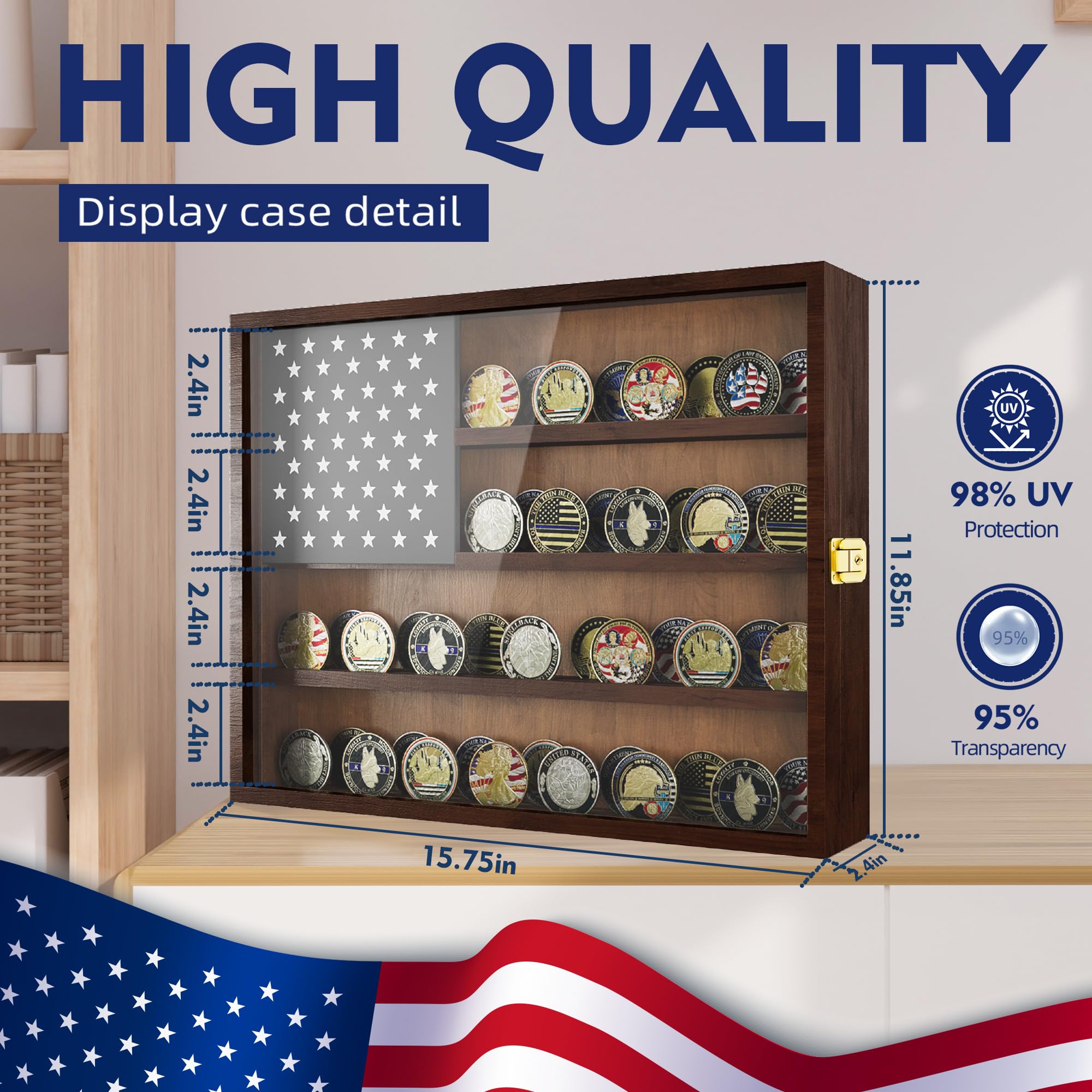 Military Challenge - Vitrina de monedas de 16 x 12 pulgadas, caja de madera con puerta acrílica UHD antipolvo y cerradura antirrobo dorada y soporte de pared, regalo para coleccionistas (marrón carbón