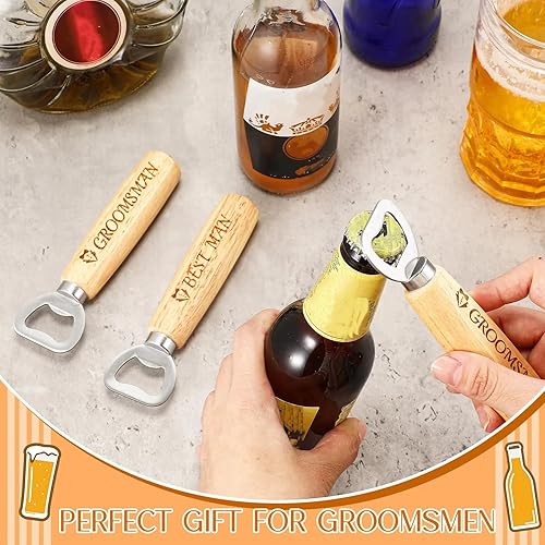 Miniatura 10 de 6 piezas de abrebotellas de boda de madera para padrinos de boda, abrebotellas de padrinos de boda, juego de 6 abridores de tapas para recuerdos de