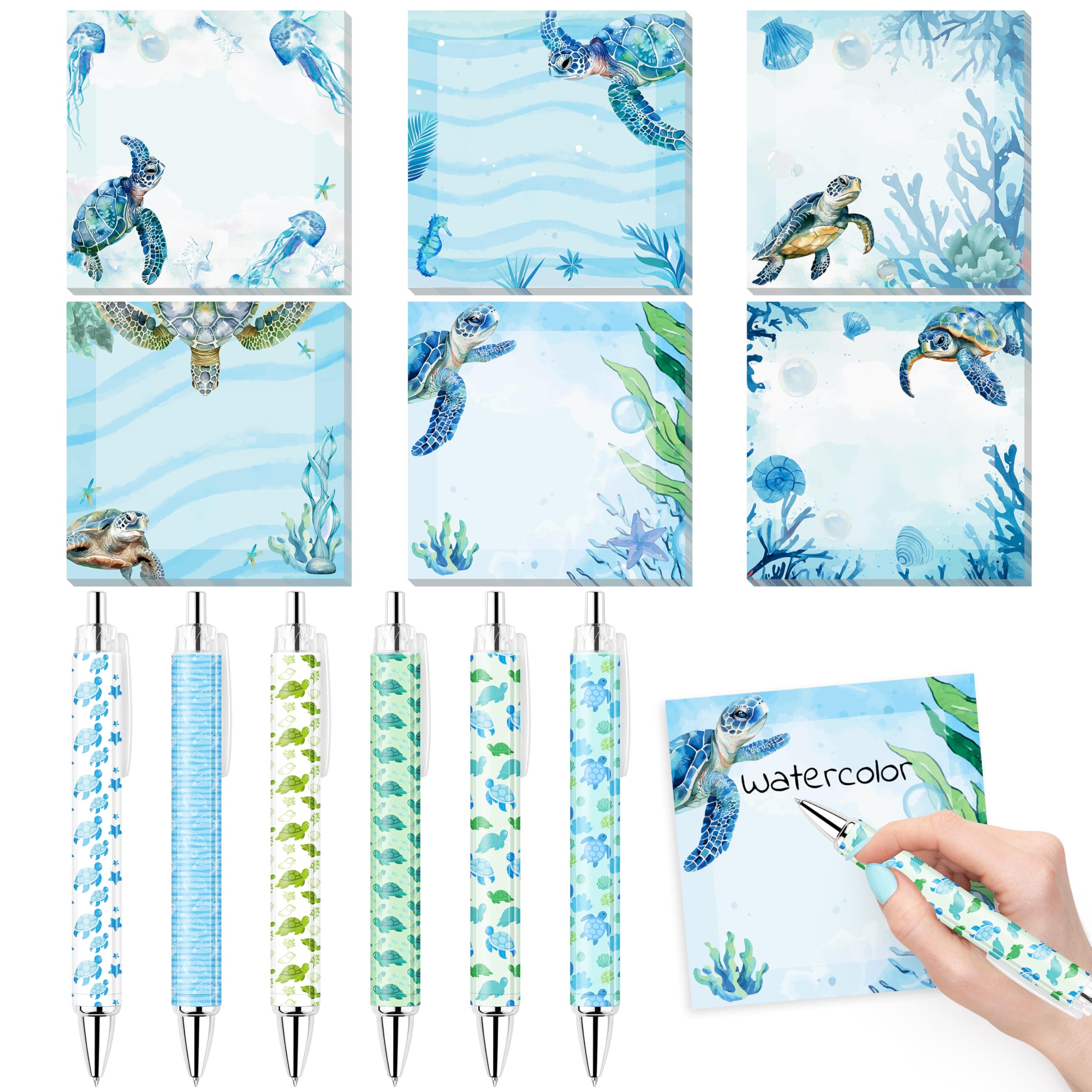 12Pcs Sea Turtle Sticky Notes with Pens Set Watercolor Ocean Sea Animals Writing Notepads Memo Pads Ballpoint Pens VSCO Aesthetic Christmas Gifts for Turtle Lovers Women Teacher Office School Supplies