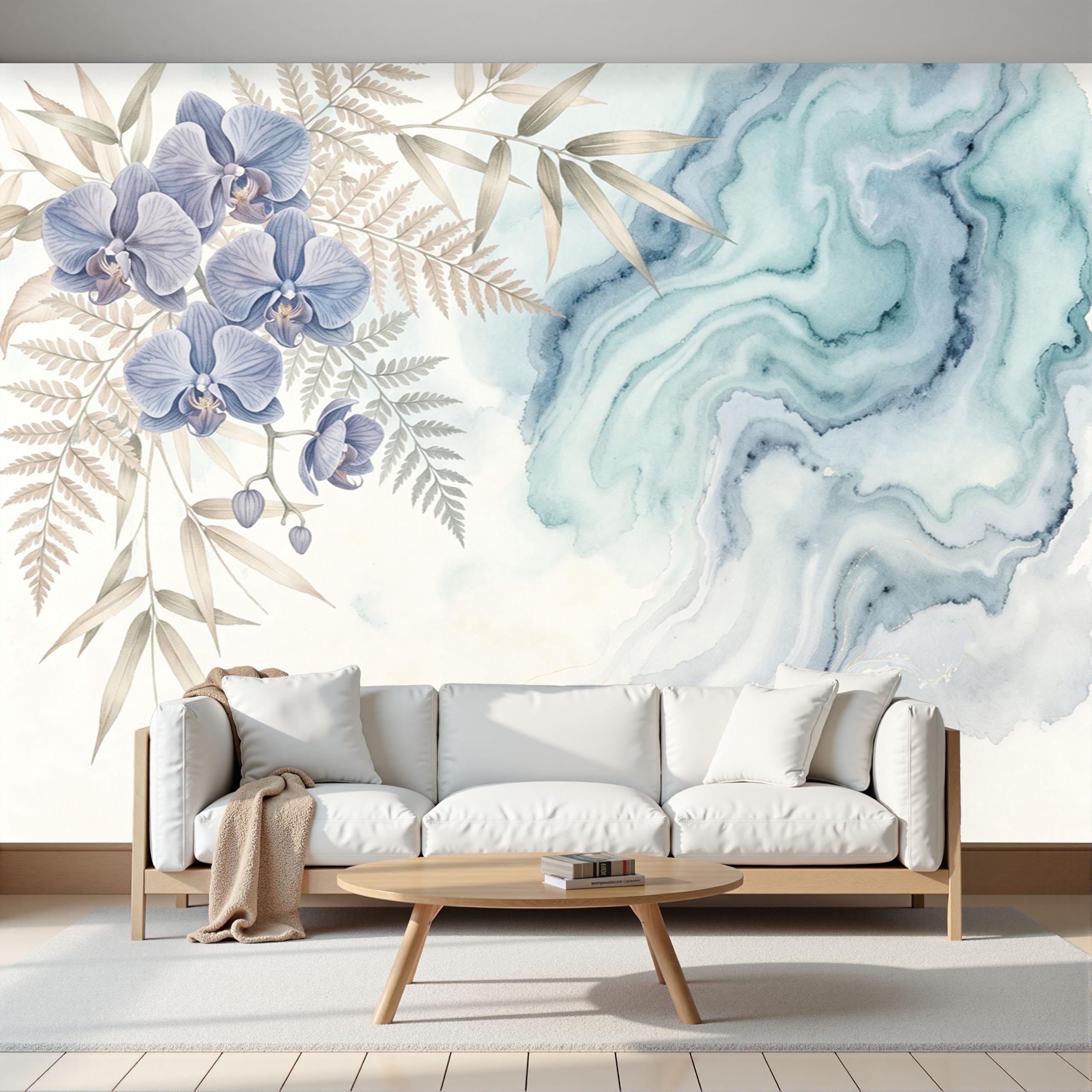 Carta da Parati Fiori di lusso ad acquerello 300x210cm Fotomurale in seta Murale Motivo marmorizzato orchidea Decorazione da Muro Poster Gigante Carta da parati panoramica