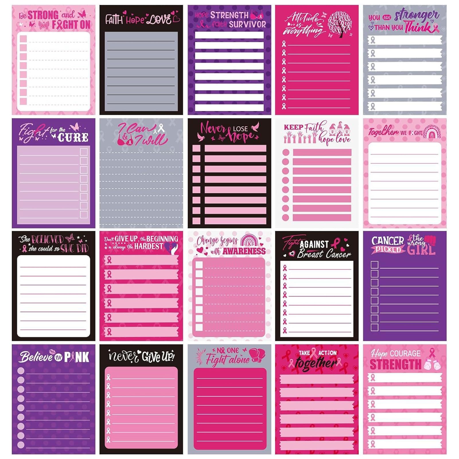 20 Pack Breast Cancer Awareness Sticky Notes, 600 Sheets 4"x 3" Pink Ribbon Inspirational Note Pads, Women Girls Breast Cancer Awareness Accessories