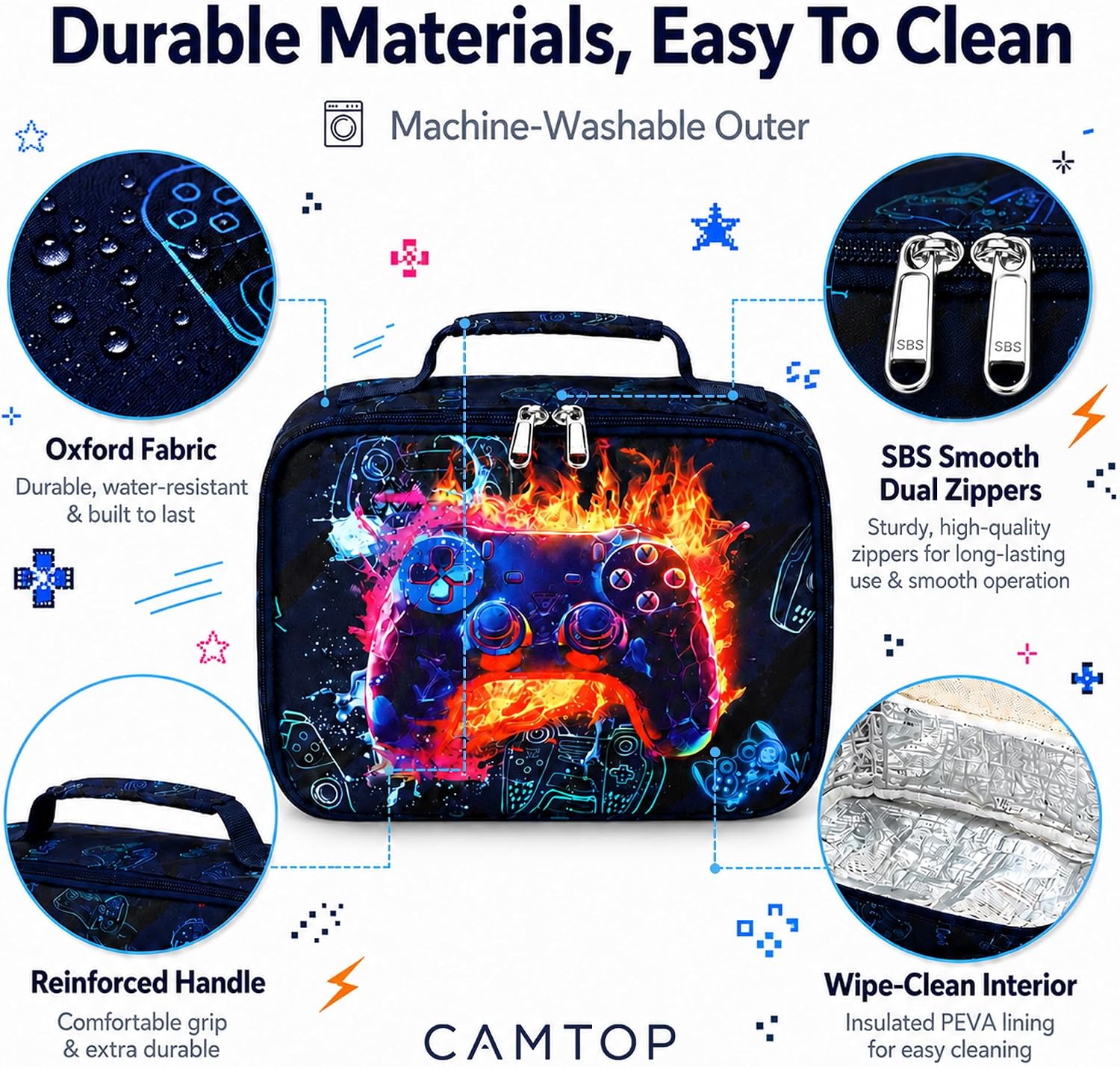 CAMTOP Lunch Box Kids Boys Insulated Lunch Cooler Bag Reusable Lunch Tote Kit for School Travel，Black