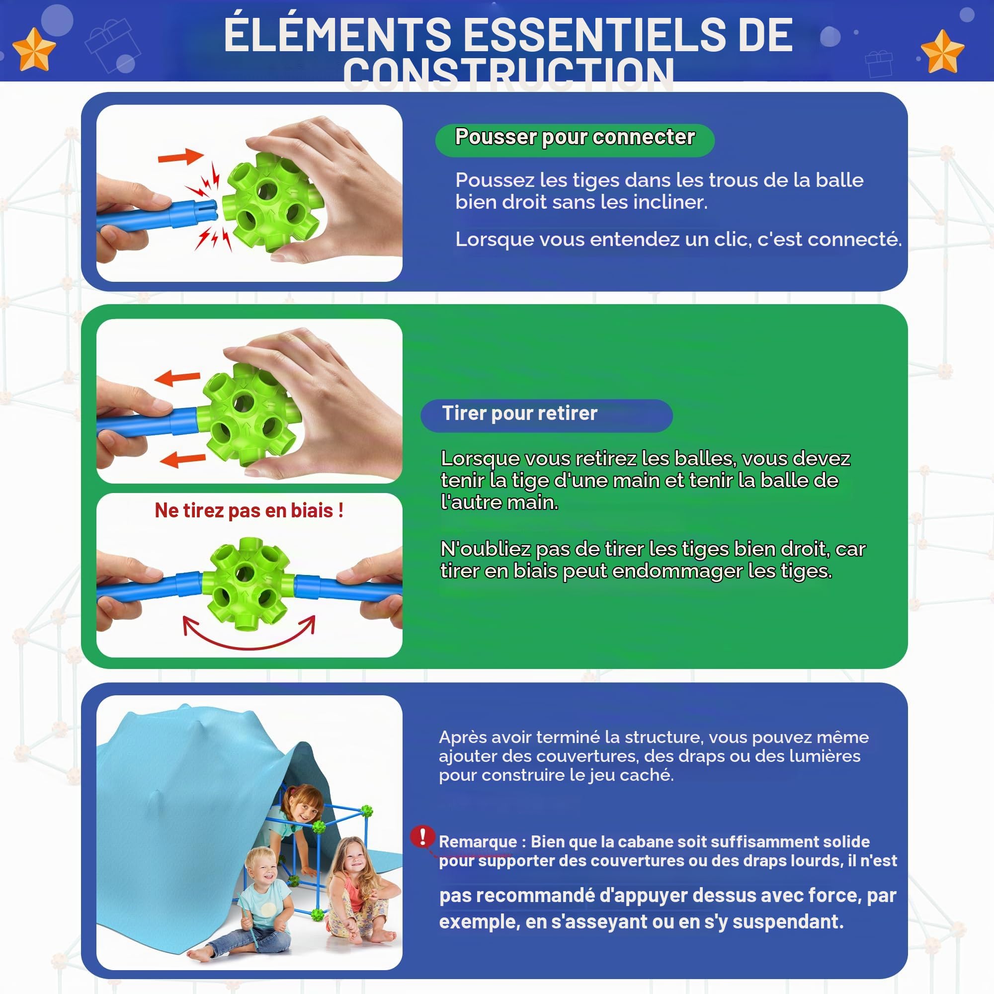 Kit de Construction de Fort pour Enfants, 140 PCS Jouet Fort créatif, Bricolage Construction Châteaux Tunnels Jouer Tente, STEM Maison Jouet Intérieur et Extérieur, pour Garçons Fille Âge 4+