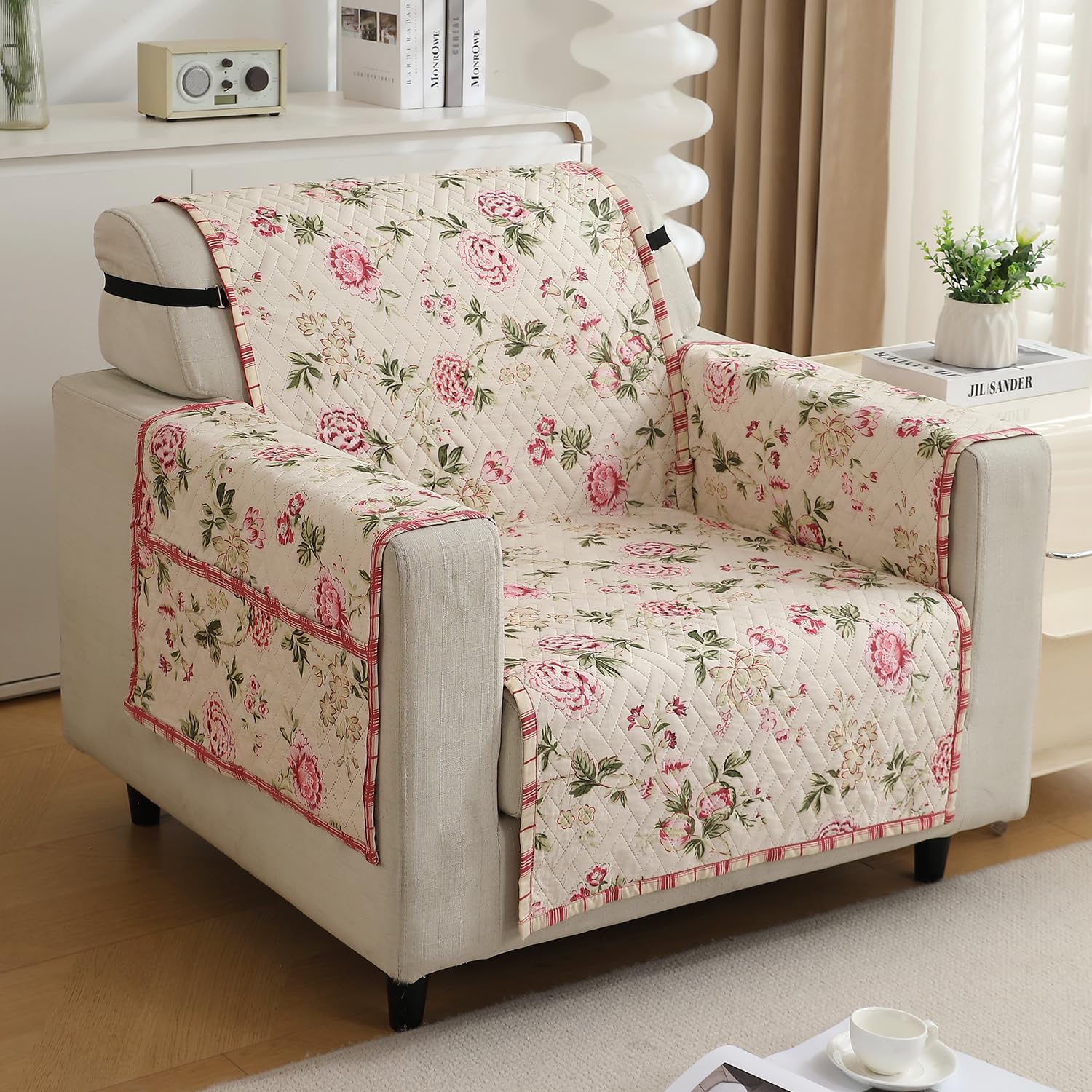 HOKIPO ‘HomeHues Series’ 1 Seater Quilted Printed Sofa Cover with Pockets, Beige Peonies (IN-811-D3) HOKIPO ‘HomeHues Series’ 1 Seater Quilted Printed Sofa Cover with Pockets, Beige Peonies (IN-811-D3)
