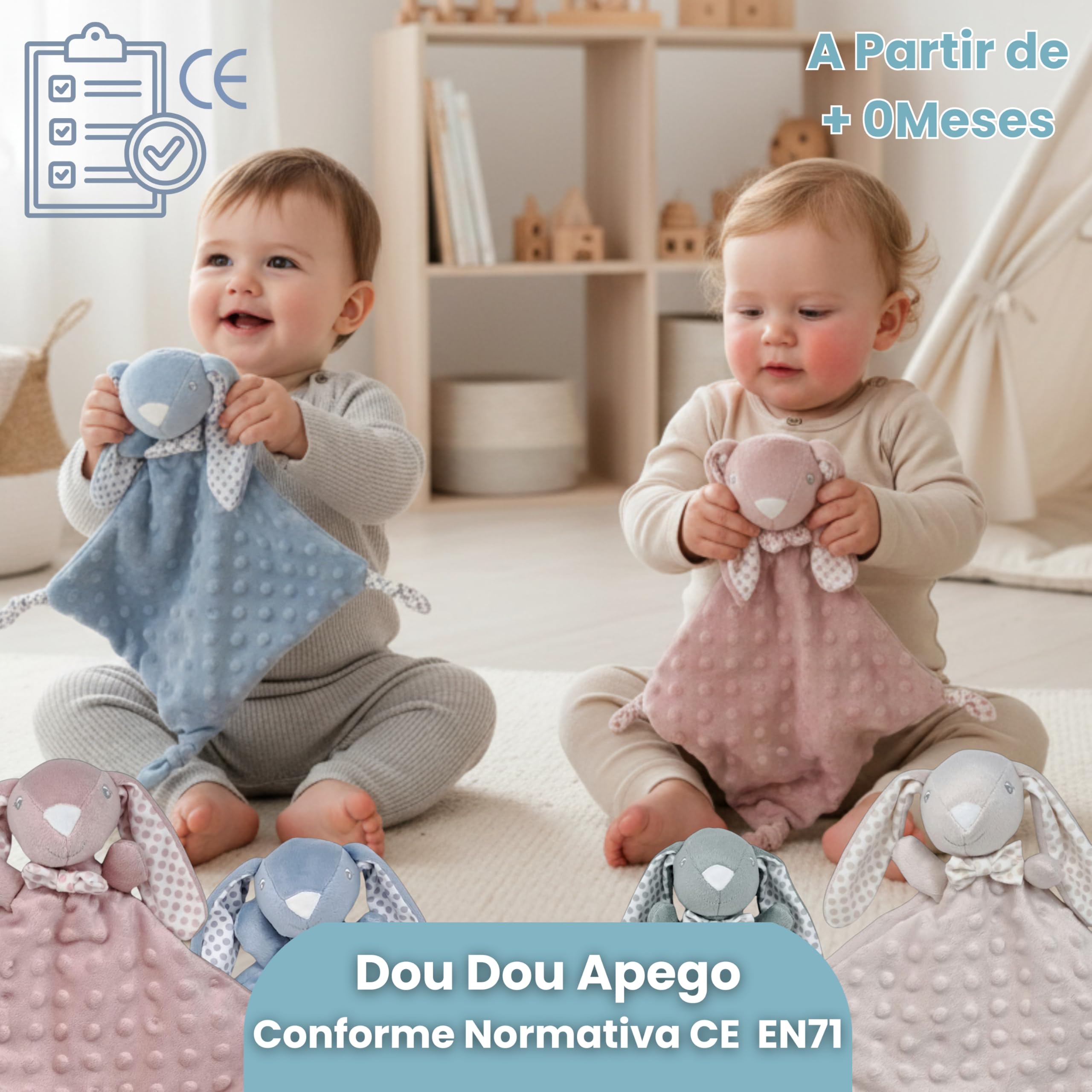 Canastilla Bebé Recién Nacido Soft And Happy (Beige) | Canastilla unisex con manta bordada con nombre, dou dou conejito, muselina, cepillo y peine y pastel de pañales.