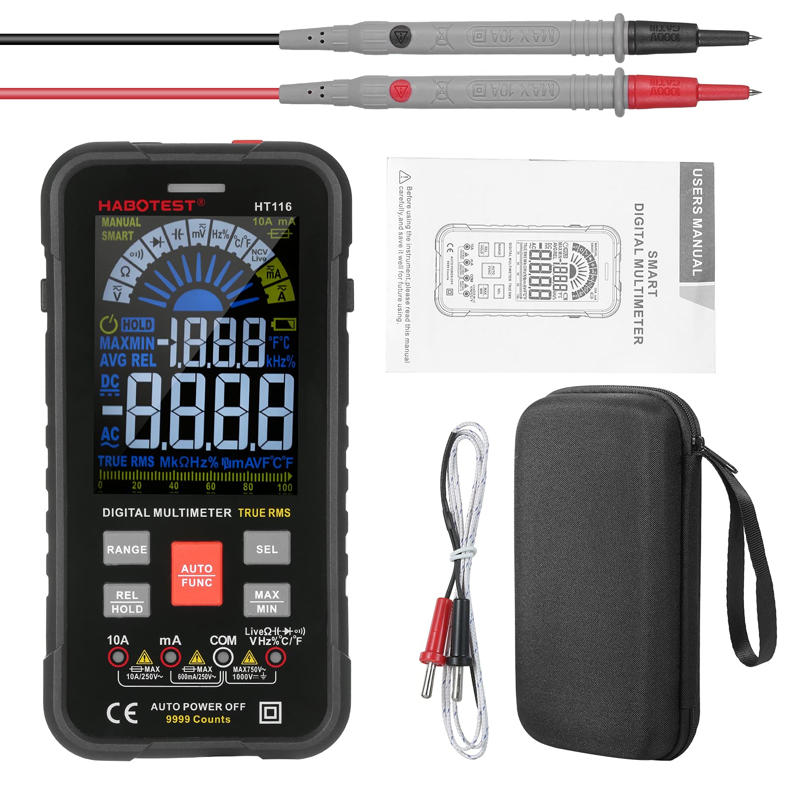 HABOTEST HT116 Multimetro digitale con 9999 conteggi Vero RMS per misurare tensione CA CC corrente resistenza capacità frequenza temperatura e continuità - Tester elettrico