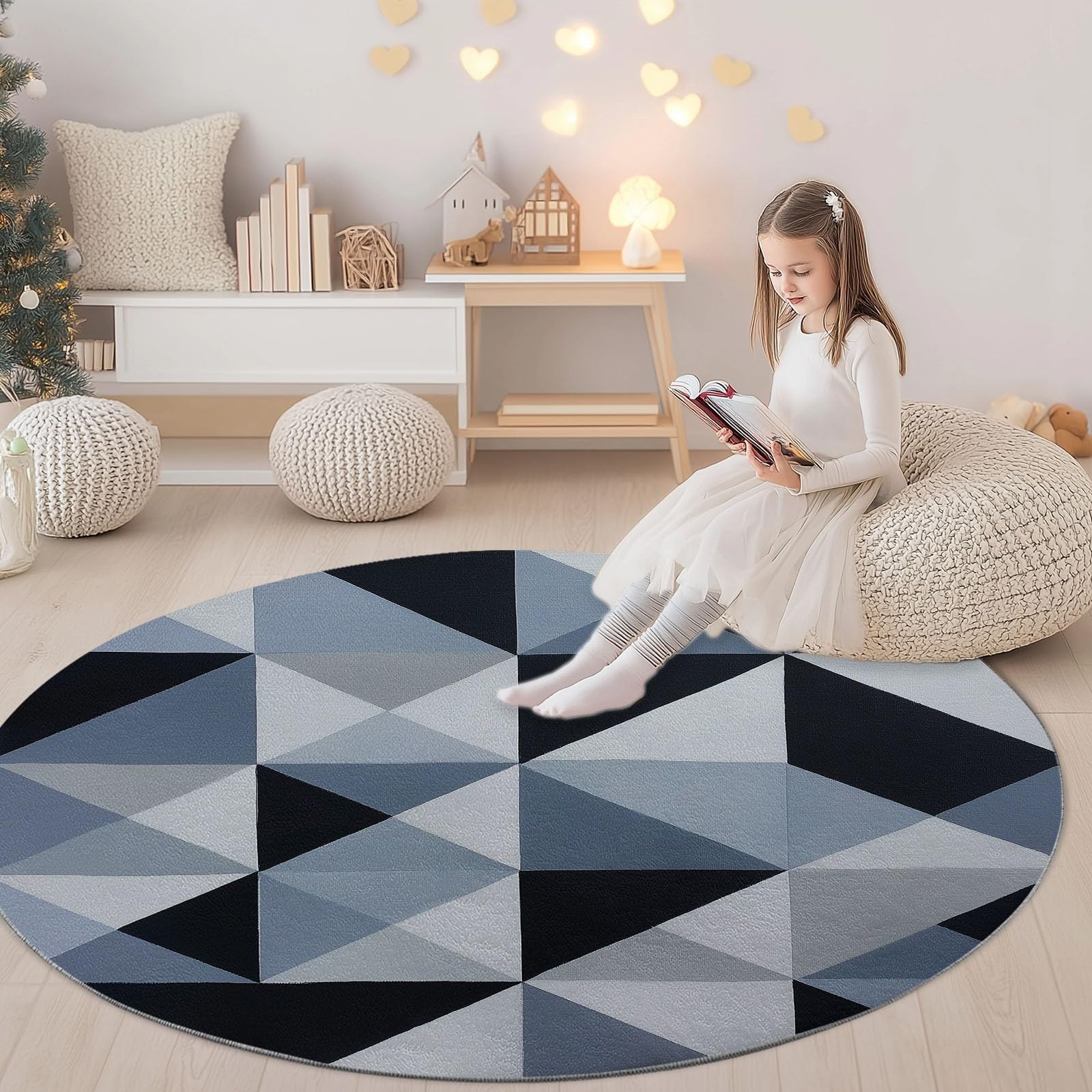 Abstrakcyjny okrągły dywan szary czarny do salonu, geometryczne kolorowe klocki z nadrukiem antypoślizgowa mata podłogowa dekoracja - 100 cm do salonu sypialnia kuchnia balkon taras jadalnia