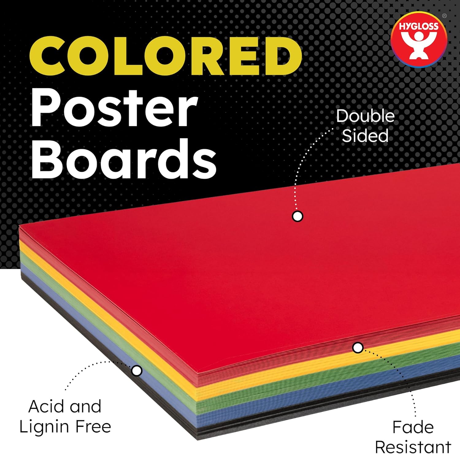 hygloss large colored poster board 22x28 - 25 assorted standard color poster boards bulk pack - red, yellow, green, blue, black - 10 pt. thickness poster board paper - posterboard multipack 22" x 28" assorted primary colors 22 x 28-inch 25 sheets