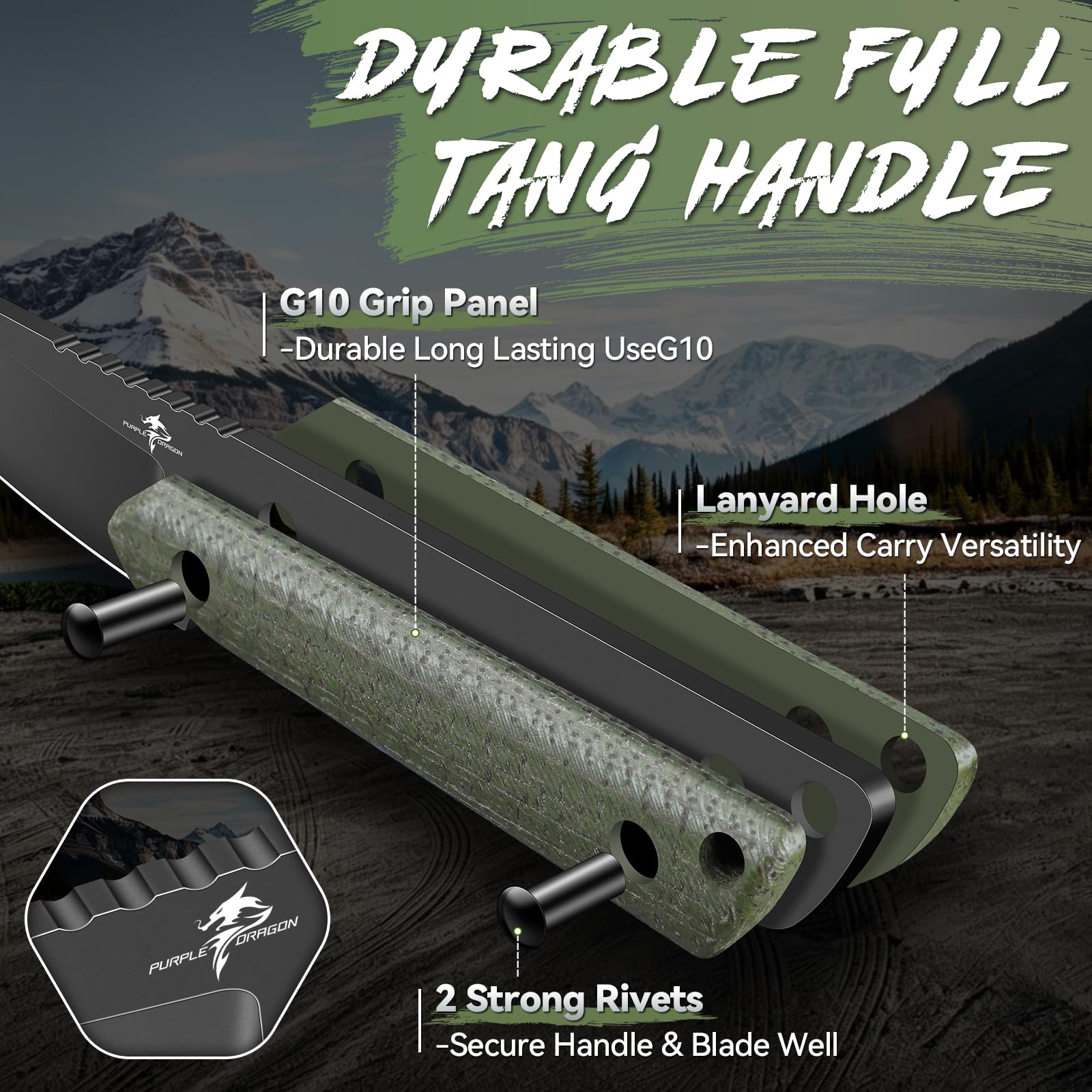 Purple Dragon Outdoor Messer D2 Stahl Klinge und Grün G10 Griff | Feststehendes Messer Full Tang Survival Messer mit Kydex-Scheide für Camping & Bushcraft - Leichtes Geschenk für Männer