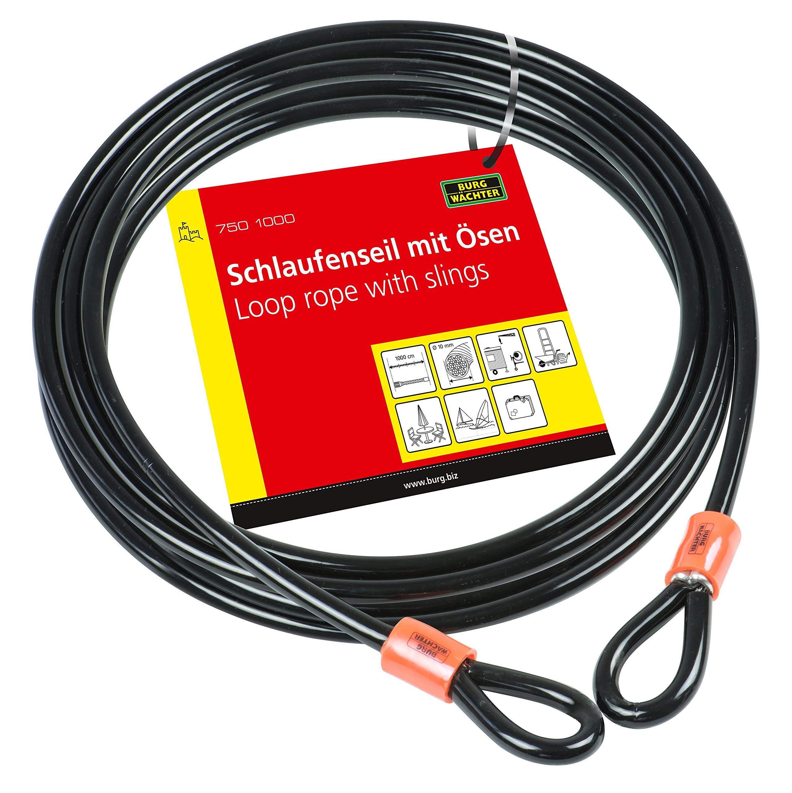 Burg-Wächter 750 1000 Câble en Acier tressé multibrins avec revêtement Vinyle à Double Boucle Mixte, Noir, 10mm x 10M