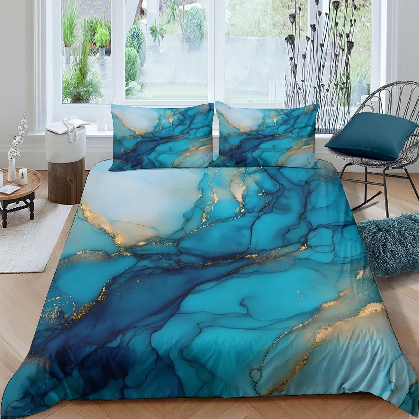 Ctjqhvkz Style-1 3D Printed Aqua Marble Fitted Sheet Microfiber Soft Bedroom Decor Blue Gold Waves Mattress Cover For Adults Teens Single（135X200cm）
