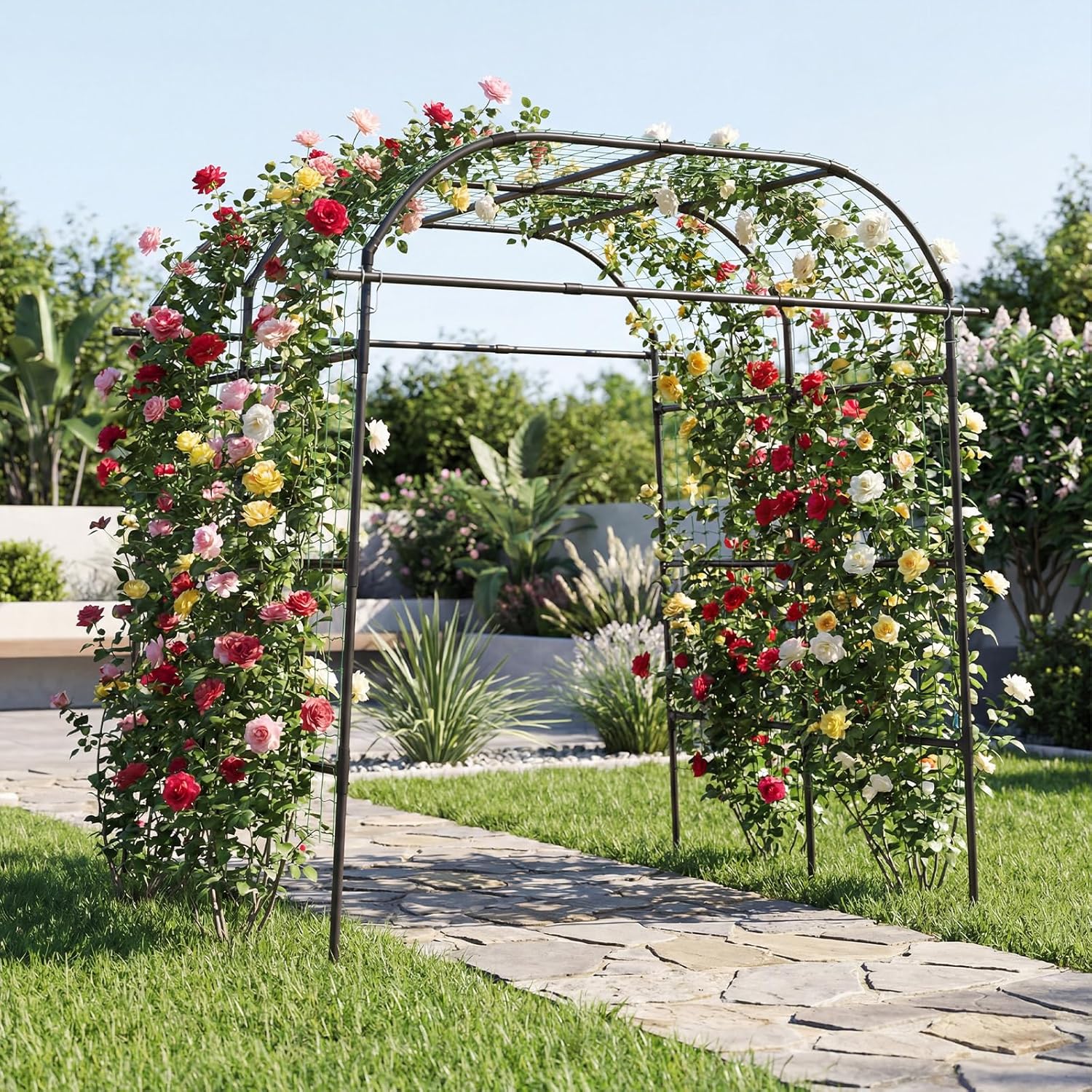 Giantex Metal Garden Arch Trellis for Climbing Plants Outdoor, 7.5FT Tall Adjustable Cucumber Trellis Tunnel for Raised Garden Bed, Extra Wide Garden Trellis Arch Support Vegetables Vine
