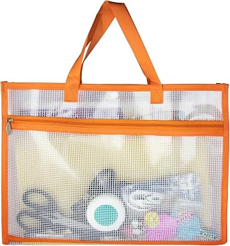 Portable Project Bags for Quilting Knitting, Stitching and Embroidery Projects Storage, Sew Project Bag with Zipper and Double Pockets, Transparent Mesh Sewing Project Bag for Crafter
