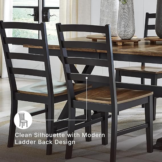Signature Design by Ashley Wildenauer Dining Chairs Set of 2, Modern Ladderback Dining Chairs with Solid Wood Frame, Two-Tone Finish, Contoured Seat, Black/Brown