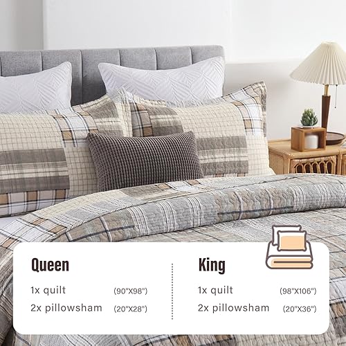 Vista 58 de Y-PLWOMEN Edredón tamaño Queen, 100 % algodón, edredón de retazos marrón a cuadros, colcha ligera tamaño Queen, suave, transpirable, para todas