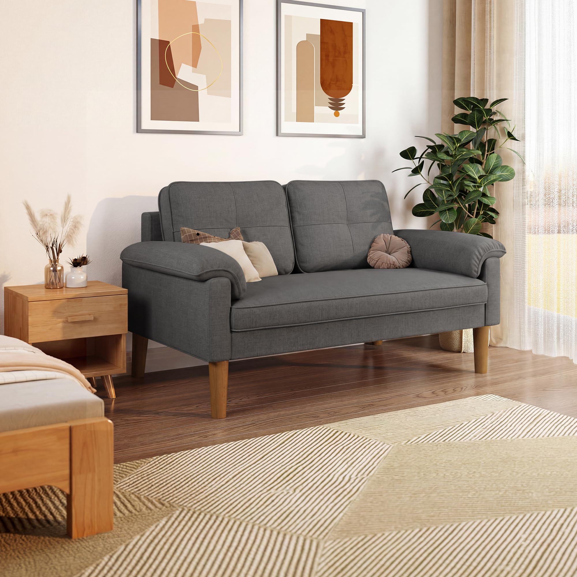 Xbro Divano a 2 Posti con Braccioli e Tasche Laterali, Piccolo Divano in Tessuto per Soggiorno, Appartamento, Ufficio, Facile da Montare, 145 x 77 x 77 cm, Grigio Scuro