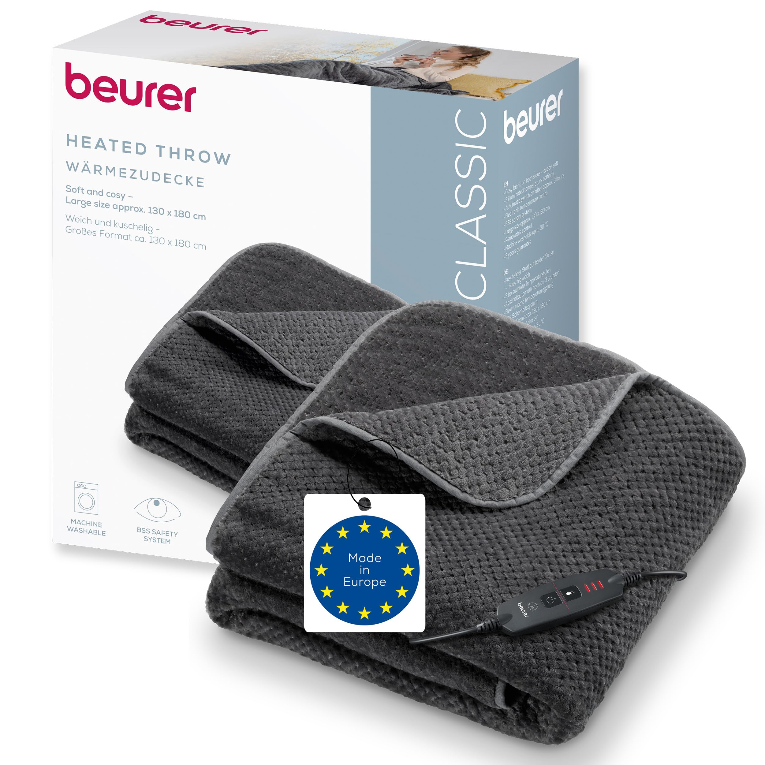 Beurer HD 65 manta eléctrica, manta térmica acogedora de material suave con 3 niveles de temperatura, con apagado automático y sistema de seguridad, lavable a máquina a 30 °C, made in Europe, gris