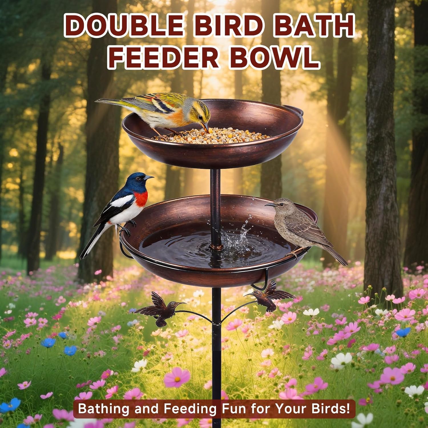 Metal Bird Bath for Outside, Rustproof Outdoor Bird Feeder, 45" Vintage Metal Birdbath with Reinforced 5-Prong Base for Garden and Patio Decor, Double Bowl Design