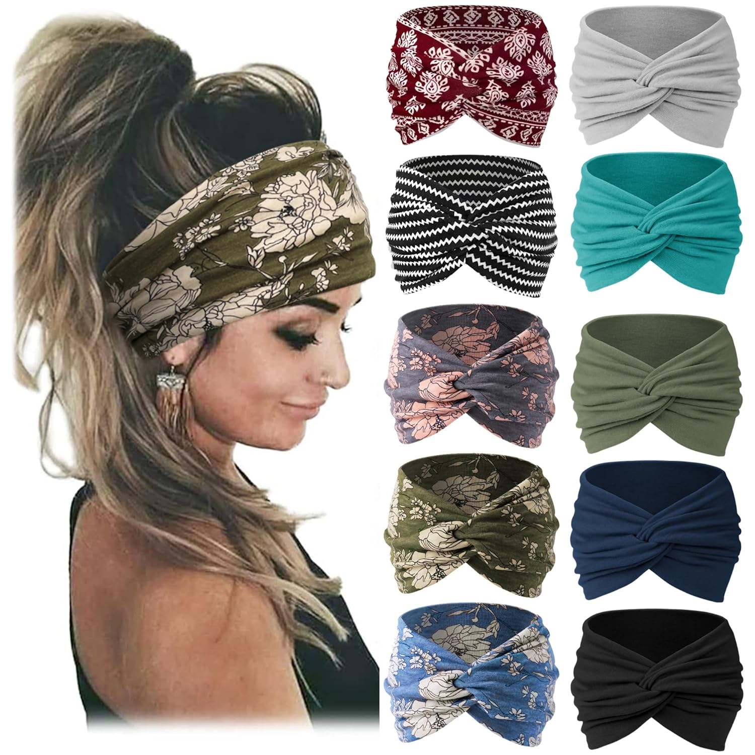 Jesries 10 PCS Women Headbands African Wide Hair Wrap Extra Turban Head Bands for Lady Large Sport Workout Stretch Non-slip Big Hair Bands Army green