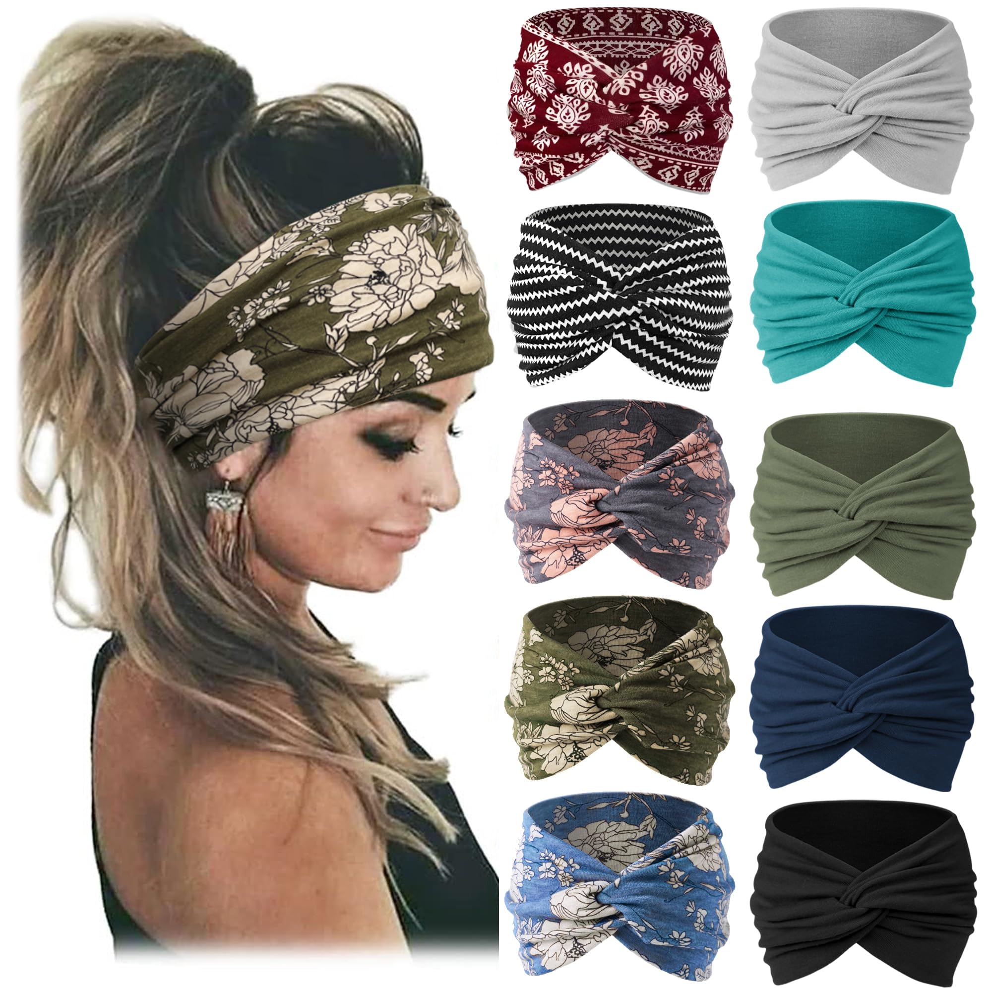Jesries 10 PCS Women Headbands African Wide Hair Wrap Extra Turban Head Bands for Lady Large Sport Workout Stretch Non-slip Big Hair Bands