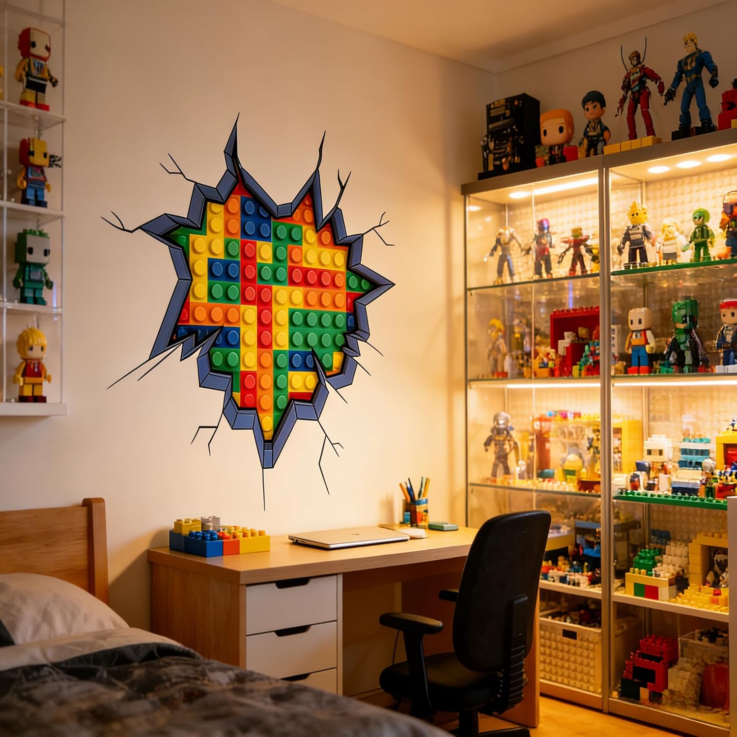 Builder Blocks Wall Decals Stickers Removable Bathroom Wall Art Decor Peel and Stick Murals for Nursery Bedroom Living Room Classroom Cars Decorations